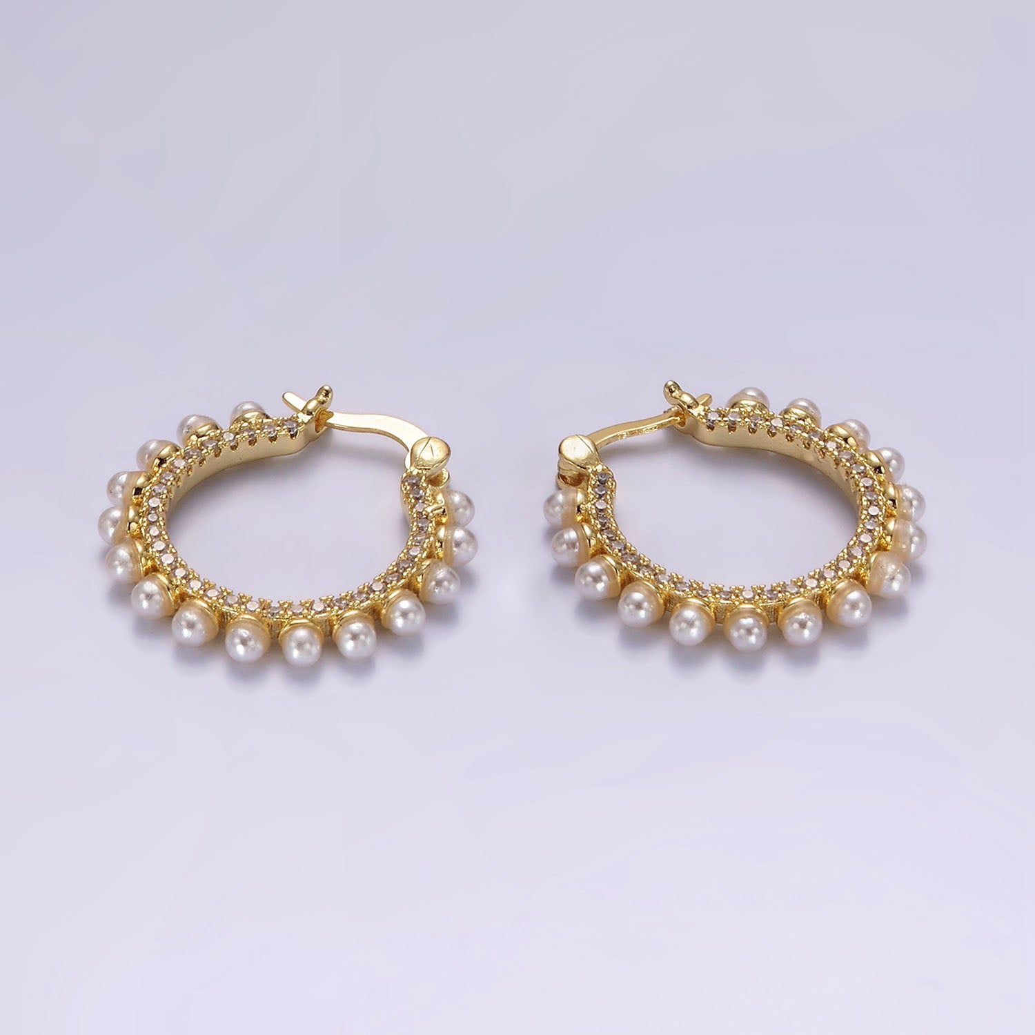 14K Gold Filled 23.5mm Micro Paved CZ Shell Pearl Dotted Latch Hoop Earrings in Gold & Silver | AE993 AE994