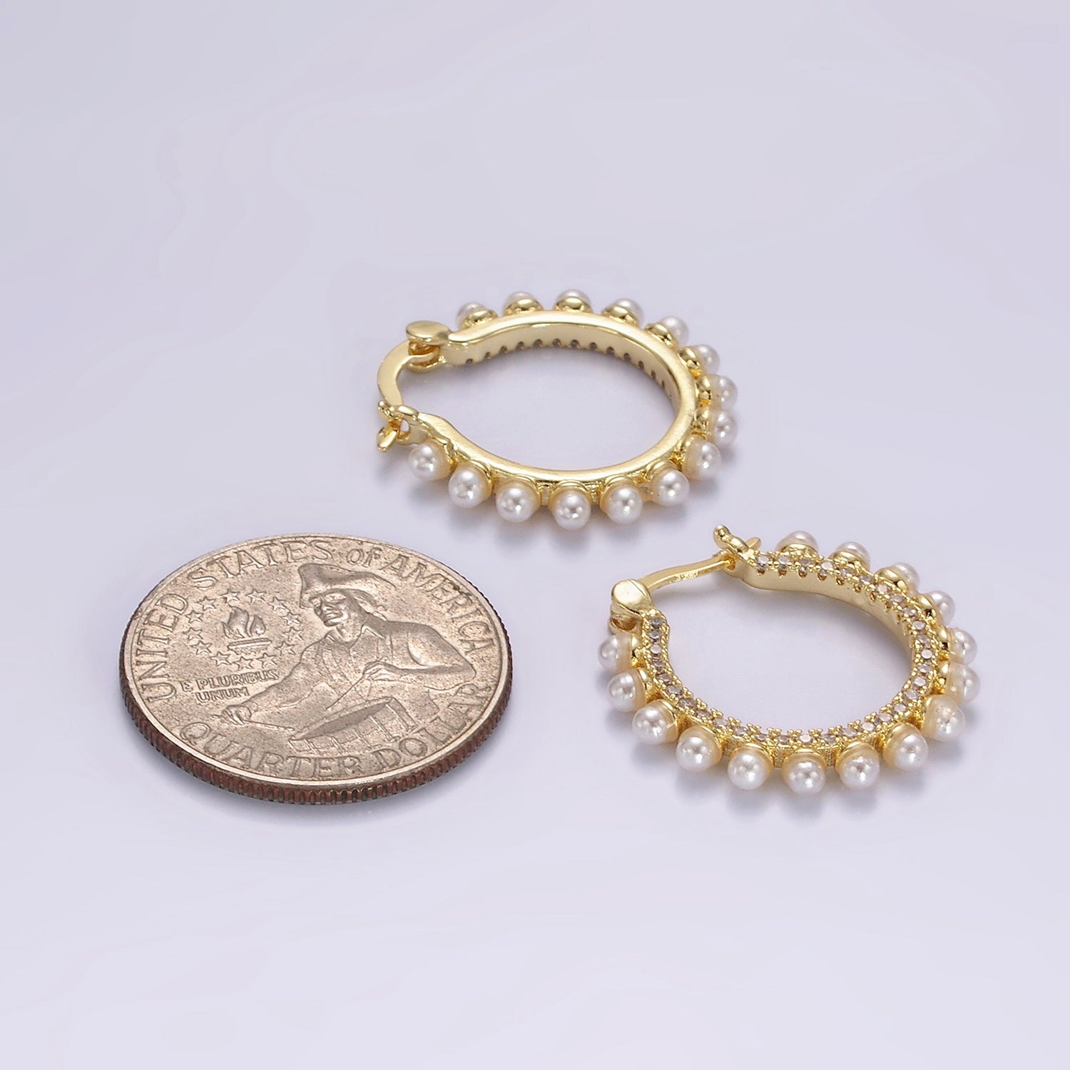 14K Gold Filled 23.5mm Micro Paved CZ Shell Pearl Dotted Latch Hoop Earrings in Gold & Silver | AE993 AE994