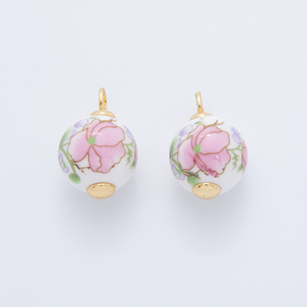 18K Gold Filled 21mm Pink, Purple, Red Violet Flower Round Ceramic Drop Pendant | AF700 AF701