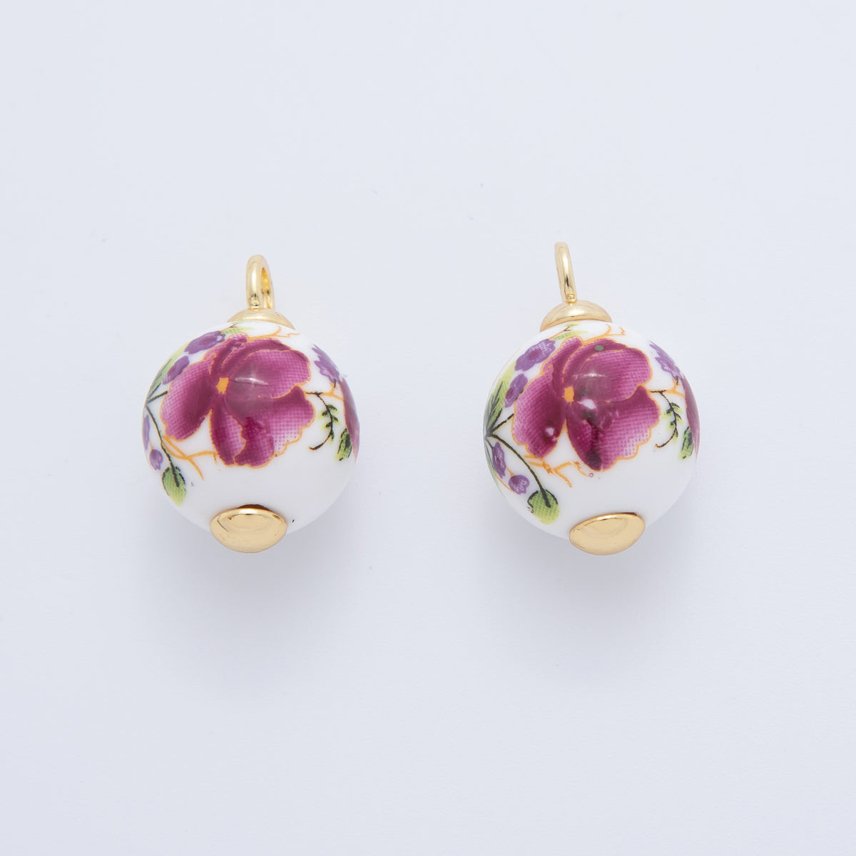 18K Gold Filled 21mm Pink, Purple, Red Violet Flower Round Ceramic Drop Pendant | AF700 AF701