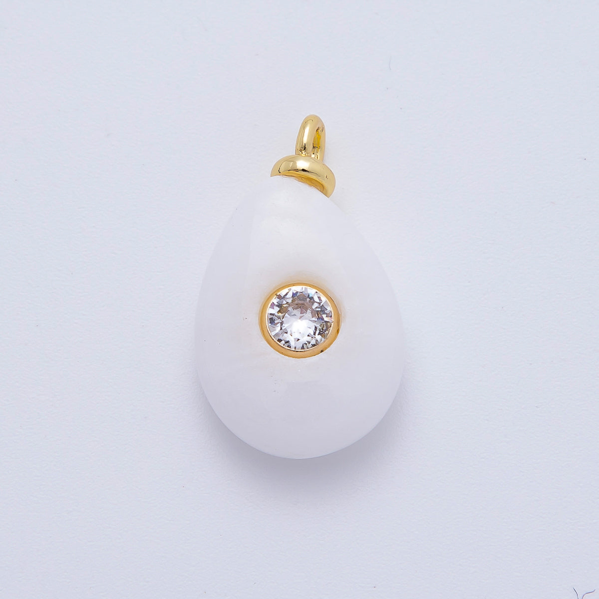 18K Gold Filled 23mm Clear CZ Round Embedded White Jade Teardrop Gemstone Charm | AF1322