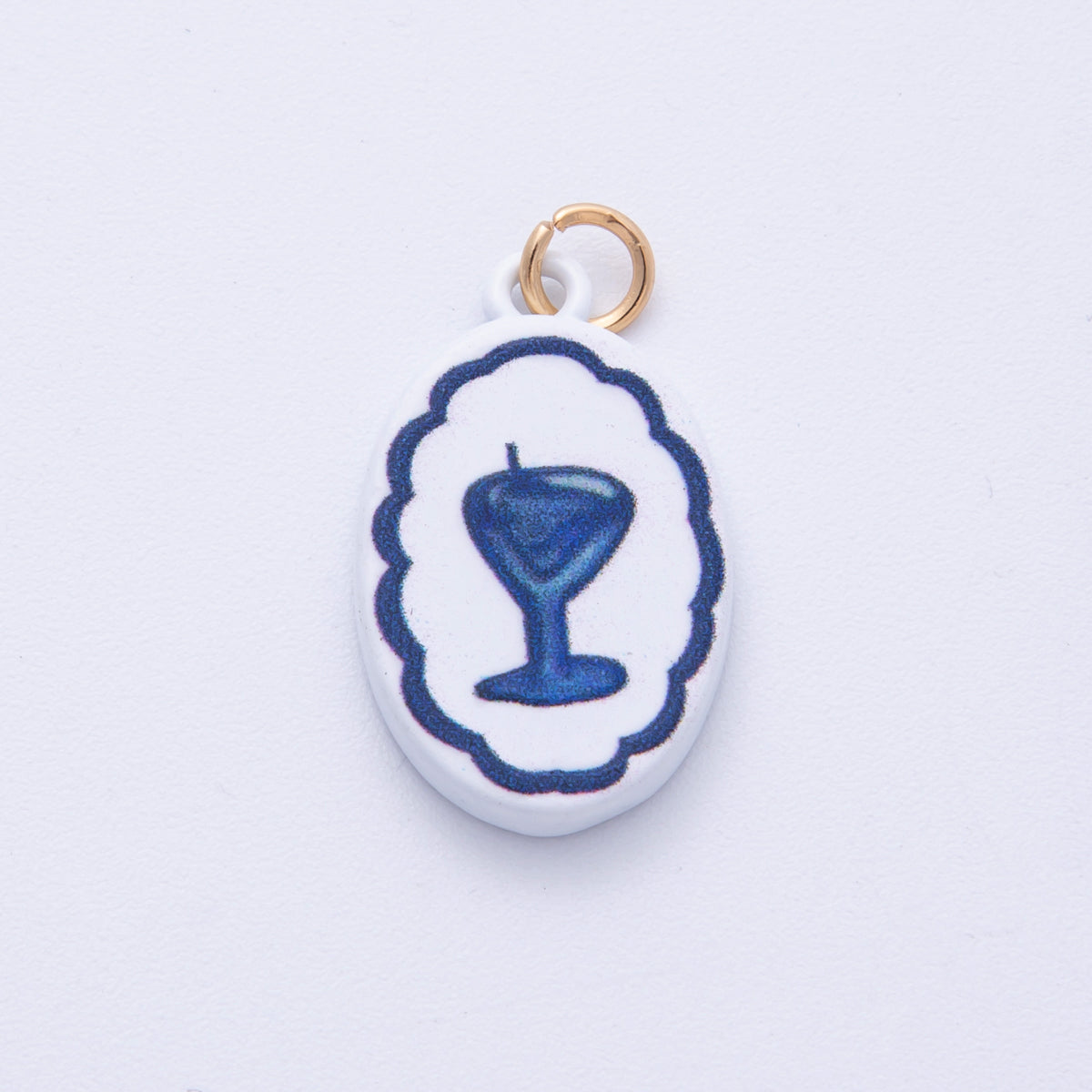 18K Gold Filled 23mm Blue-White Martini Alcohol Drink Glass Oval Charm | AF1590