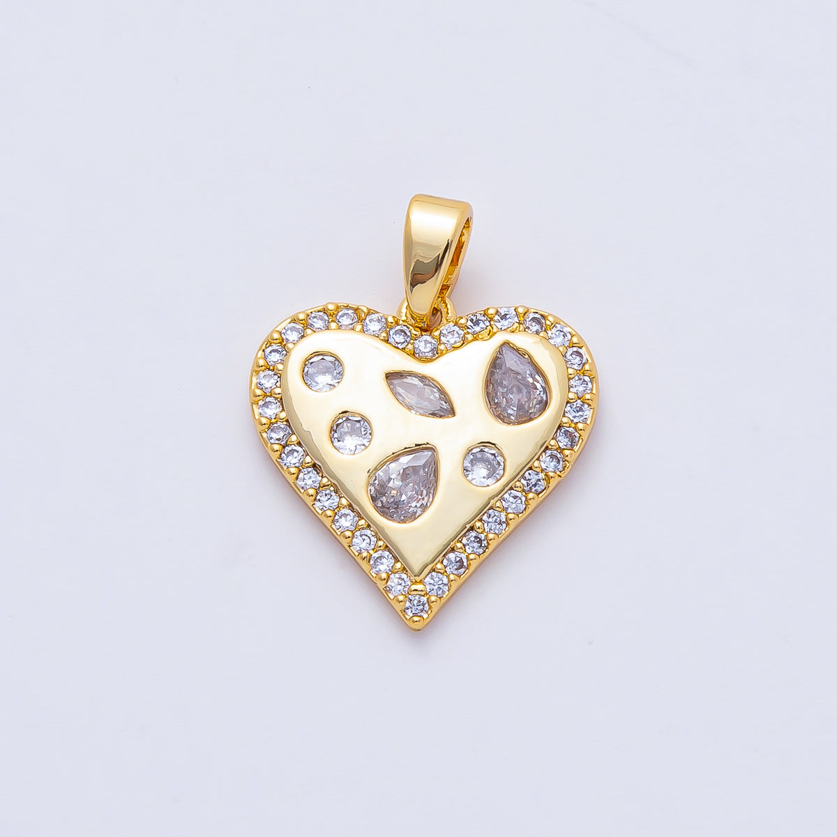 18K Gold Filled 17mm Mix Shape Geometric CZ Micro Paved Heart Pendant Charm | AF1174
