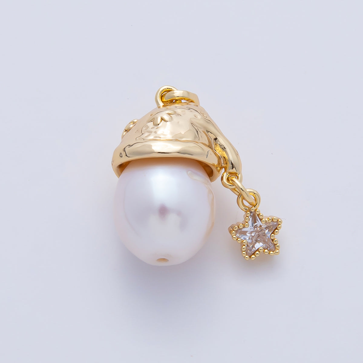 18K Gold Filled Shell Pearl Molten Cap Star CZ Drop Charm | AF638