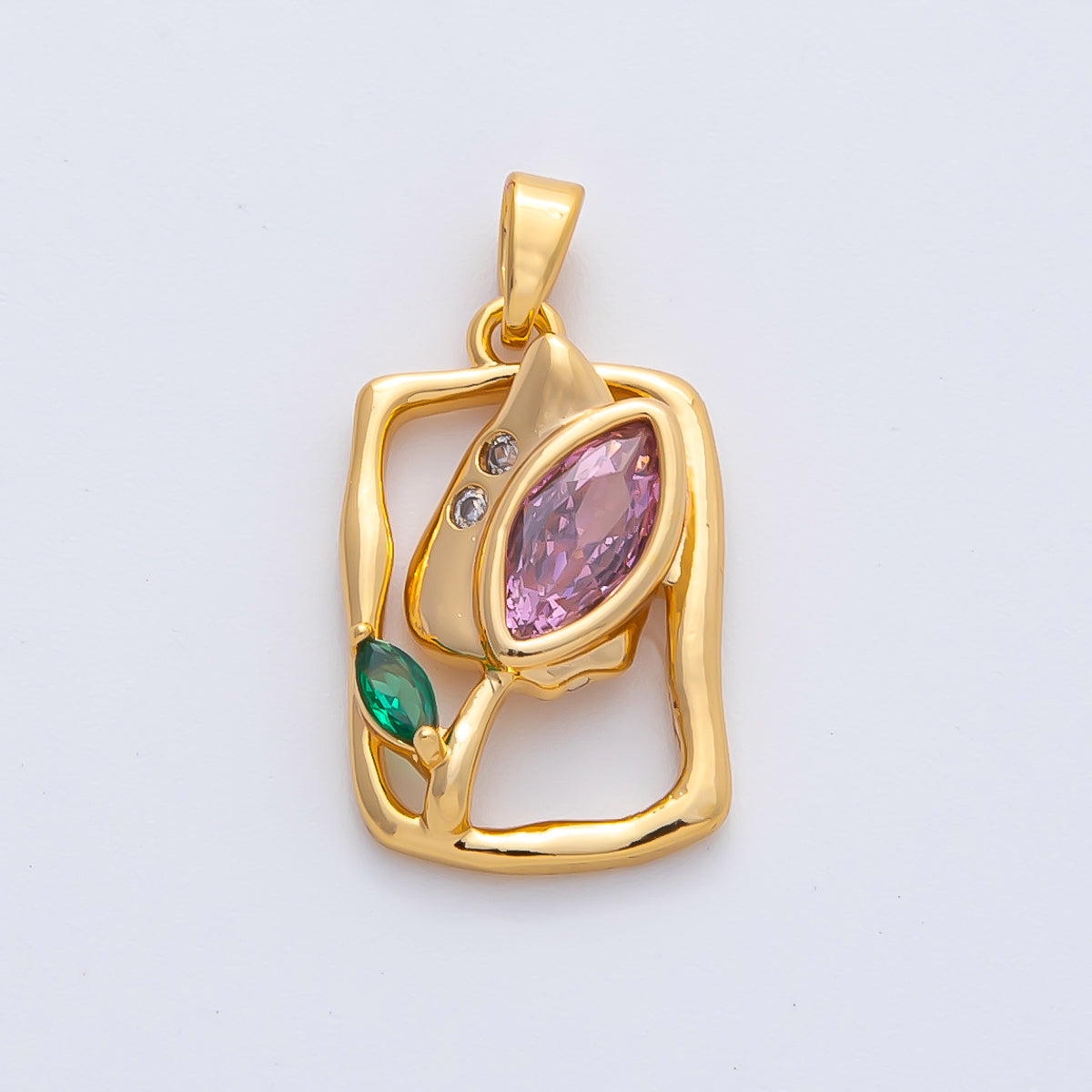 18K Gold Filled Purple CZ Tulip Flower Molten Rectangular Pendant | AF1186