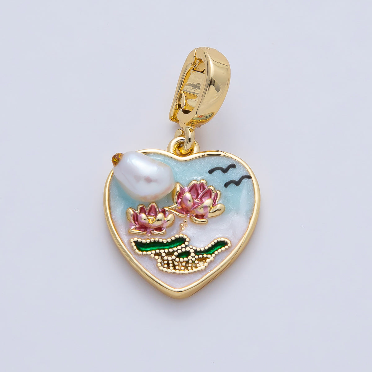 18K Gold Filled 18mm Pink Blooming Lotus Flower with Blue Gradient Heart Frame and White Shell Pearl Pendant Charm | AF1192