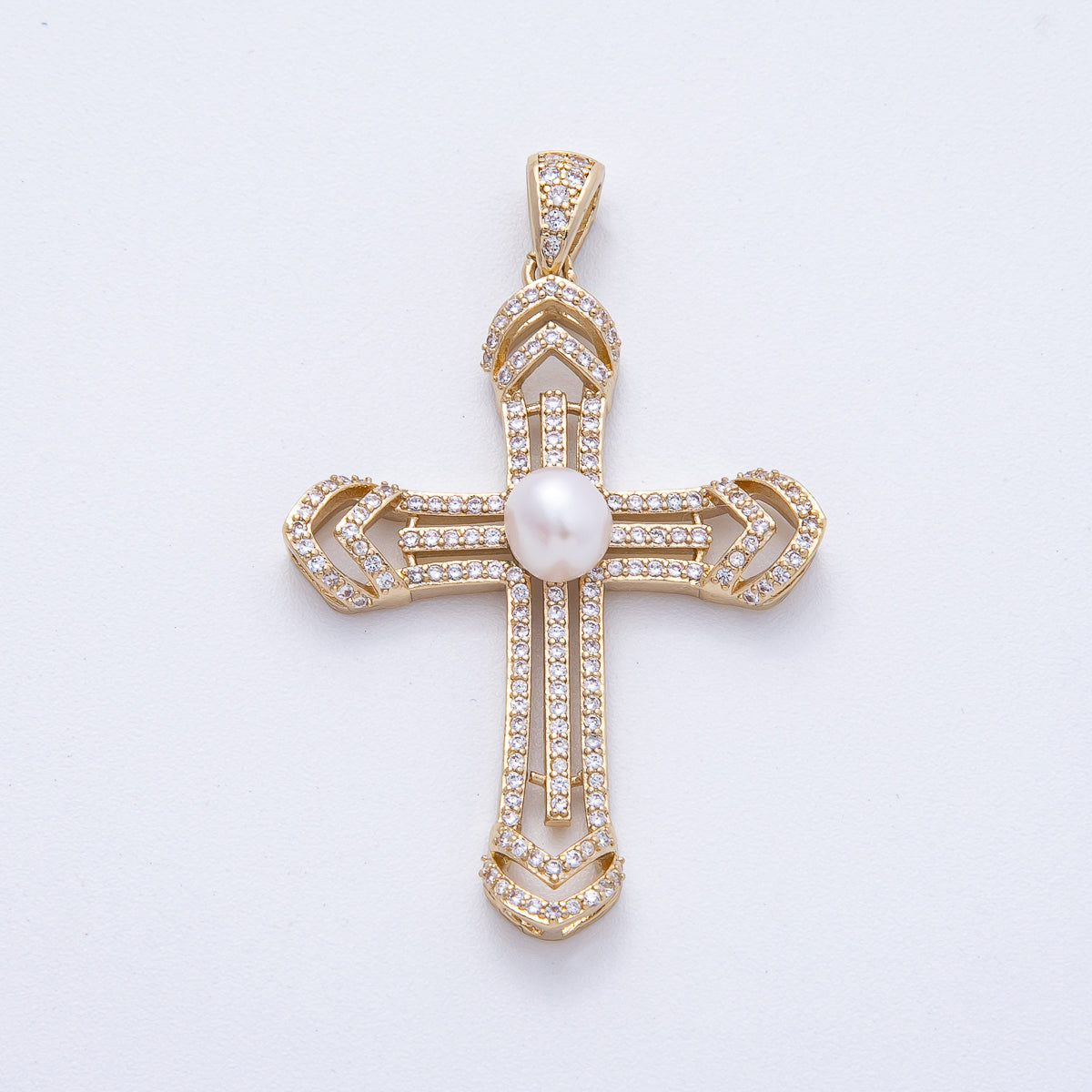 18K Gold Filled 40mm White, Pink Shell Pearl Micro Paved CZ Passion Cross Pendant | AF1194