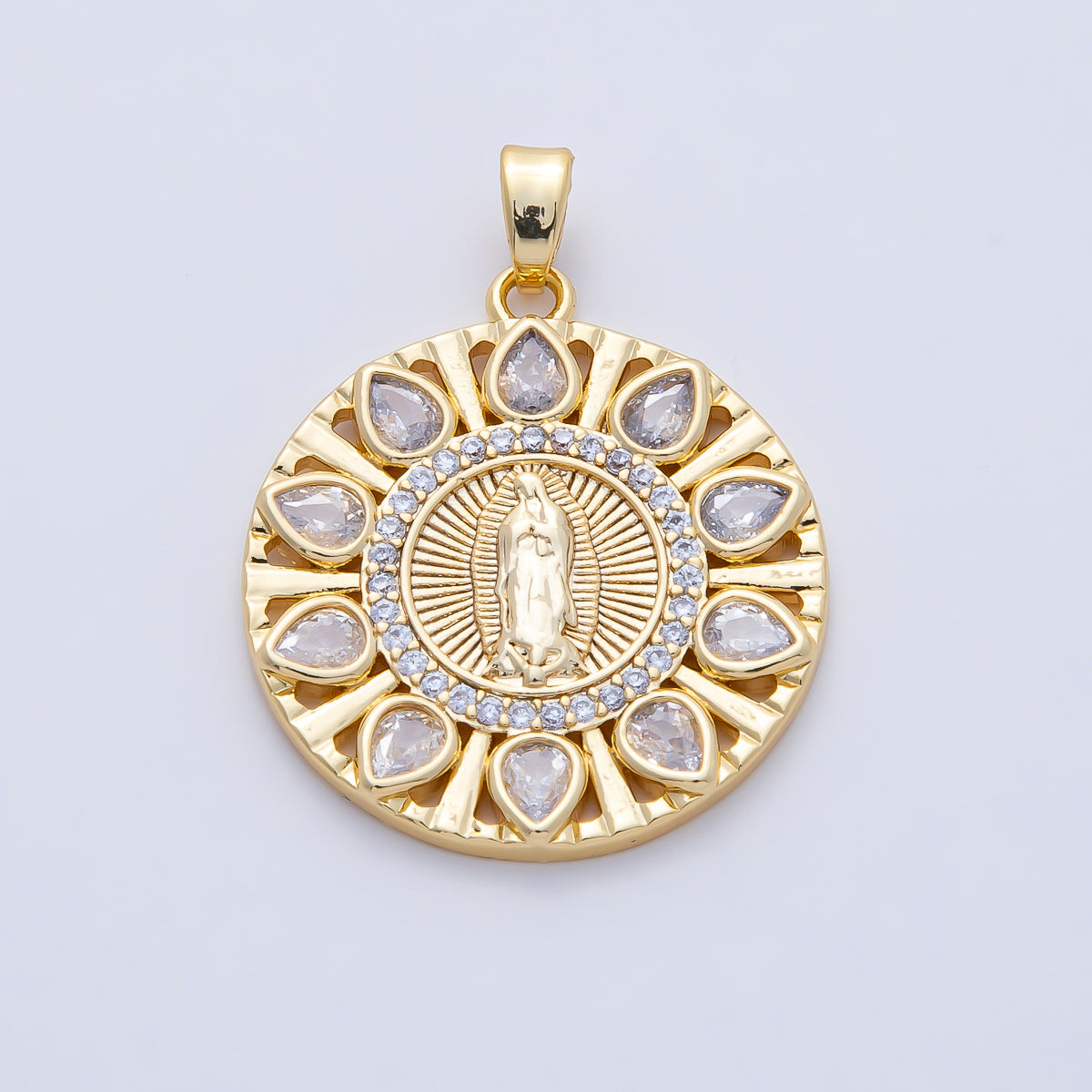 18K Gold Filled 25mm Clear, Multicolor CZ Miraculous Lady Mother Mary Round Pendant | AF1202