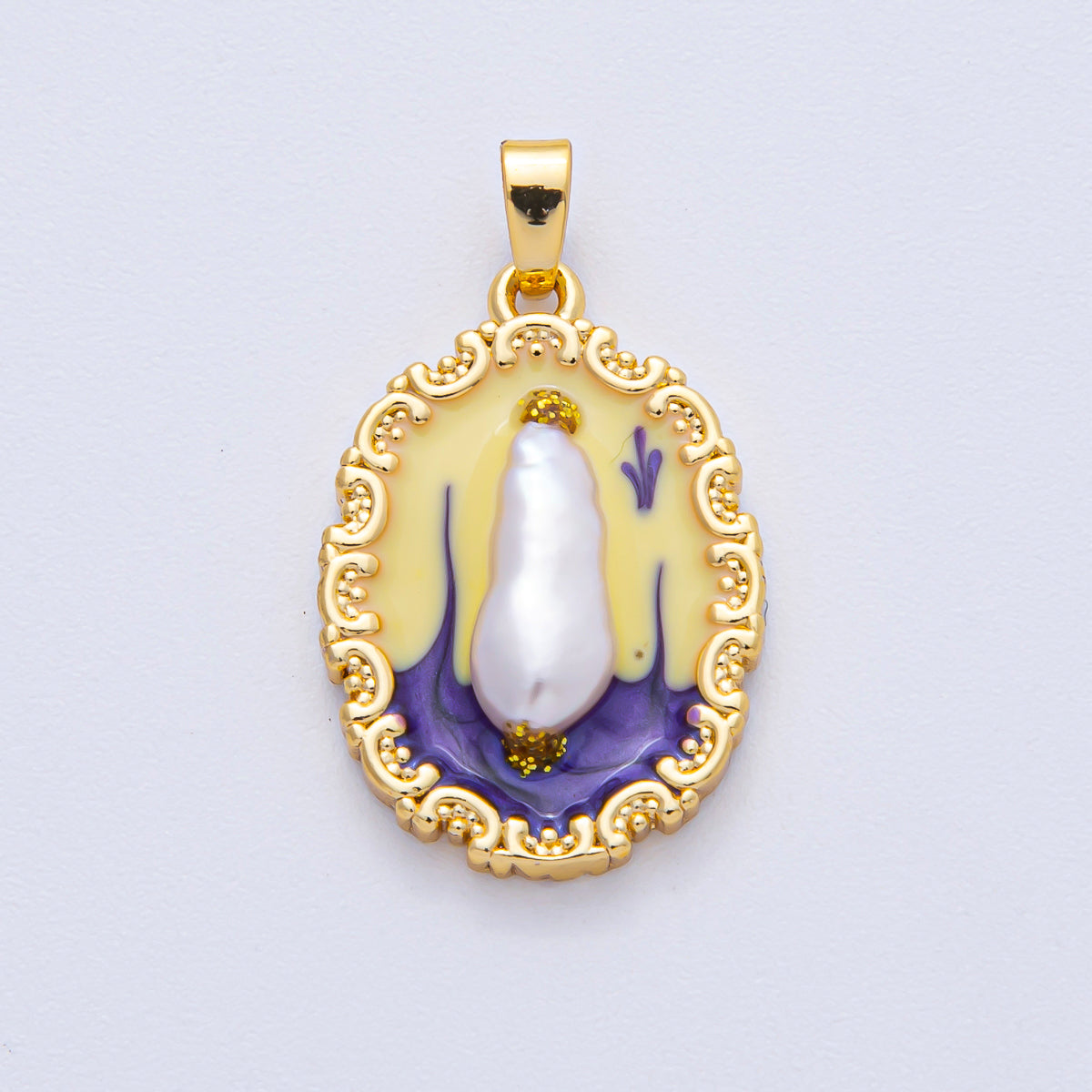 18K Gold Filled 24mm Shell Pearl Yellow Purple Multicolor Enamel Oval Pendant | AF1205