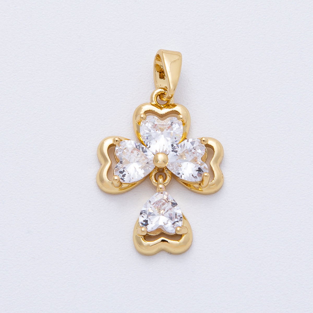 18K Gold Filled 20mm Clear CZ Clover Flower Religious Cross Drop Pendant | AF1216