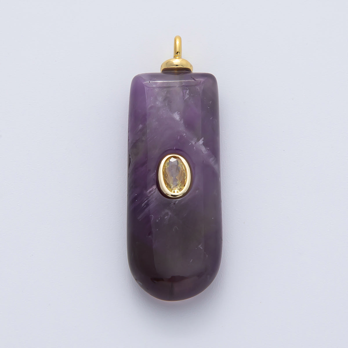 18K Gold Filled 35mm Yellow CZ Embedded Amethyst Tube Gemstone Charm | AF1445