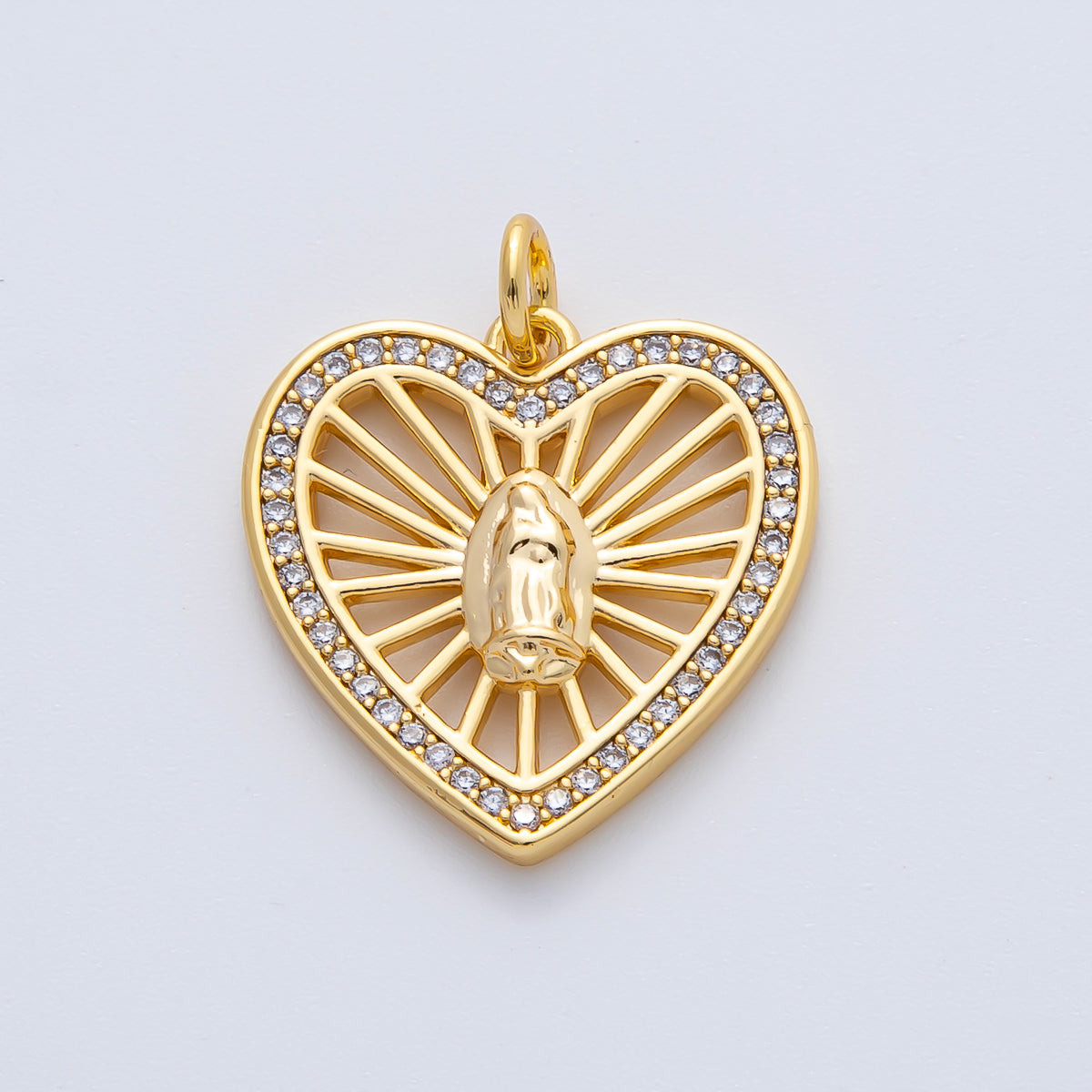 18K Gold Filled 19.6mm Mother Mary Micro Paved CZ Open Bar Heart Charm | AF1466