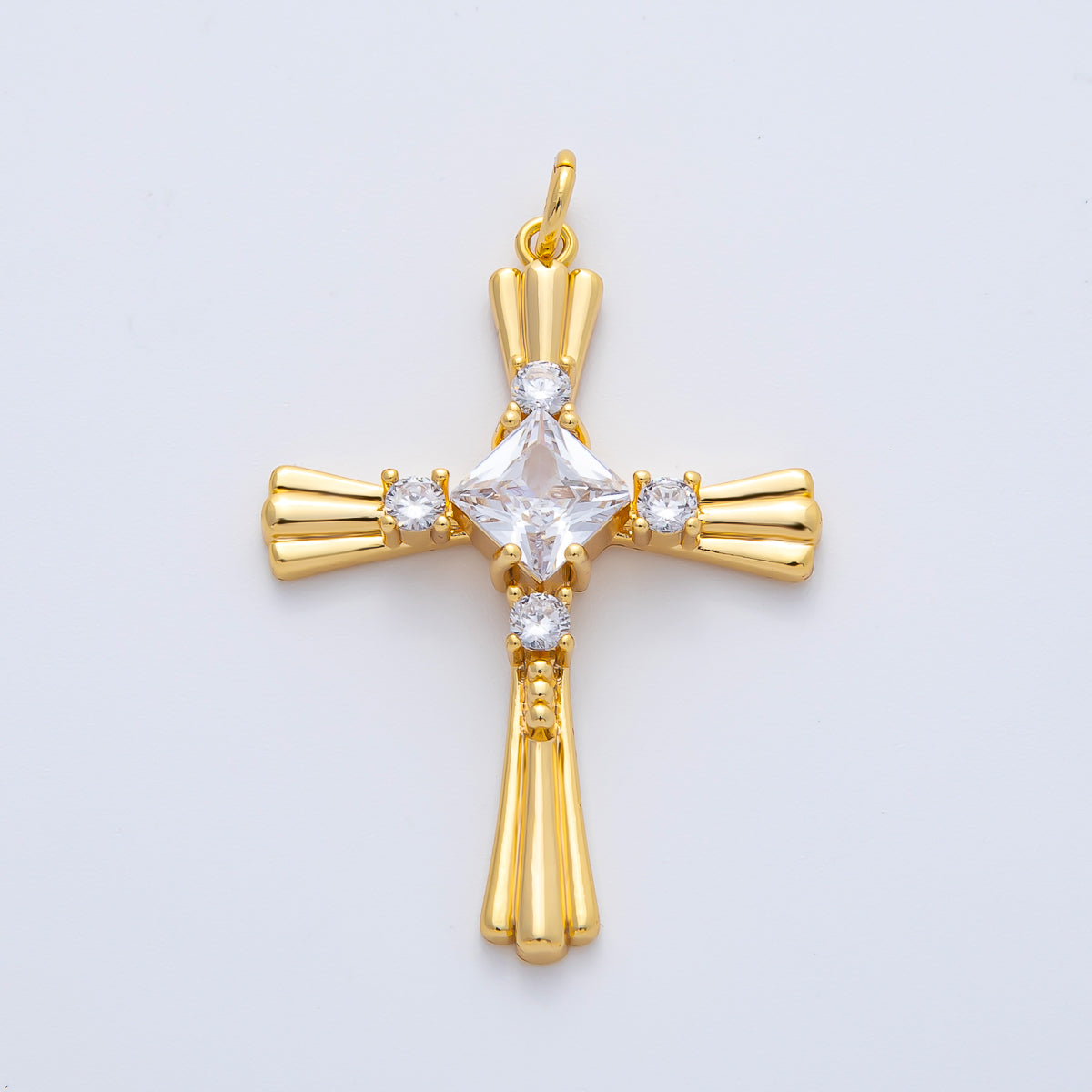 18K Gold Filled 35mm CZ Ribbed Lined Religious Cross Charm | AF1467