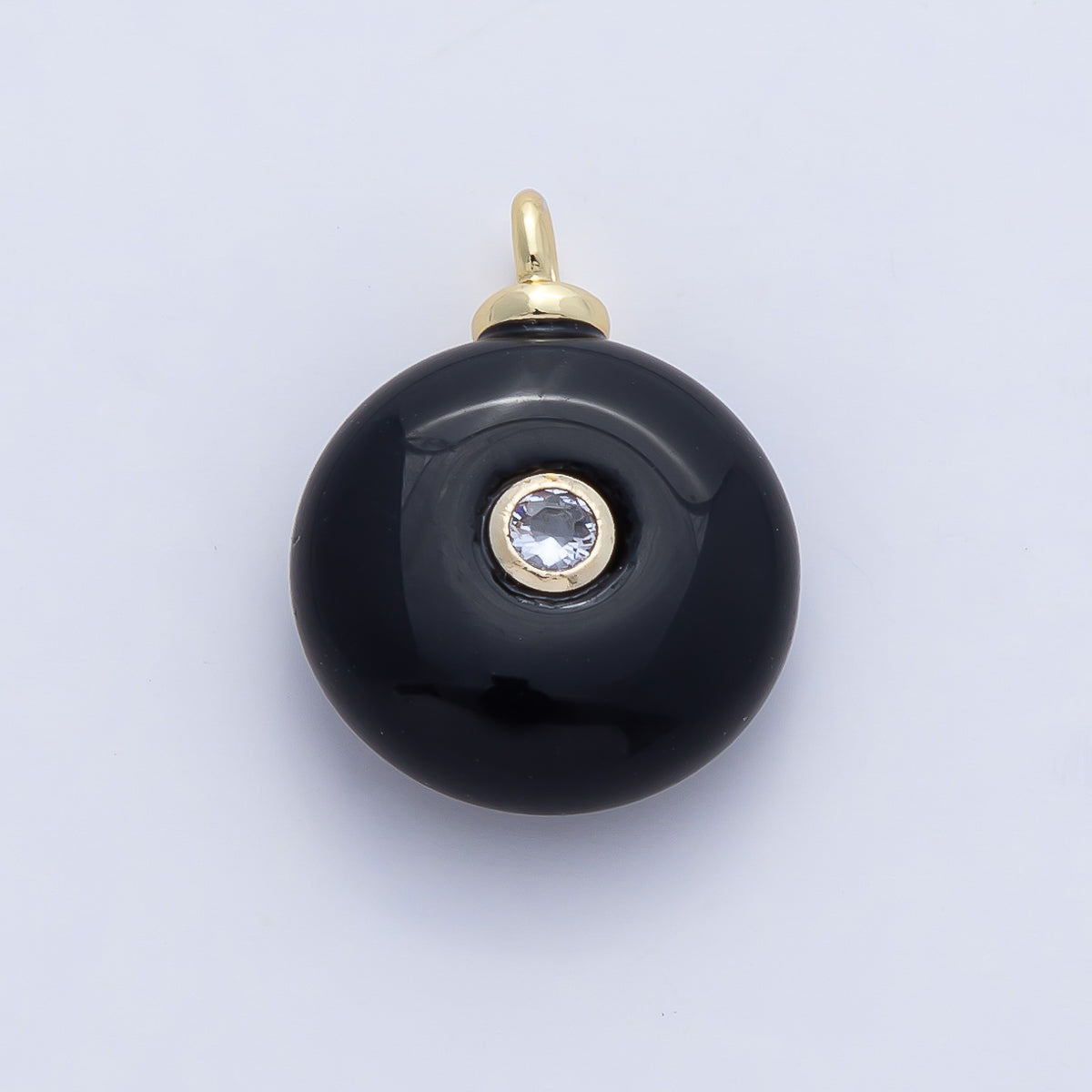 18K Gold Filled 20mm Clear CZ Embedded Black Onyx Round Gemstone Charm | AF1471
