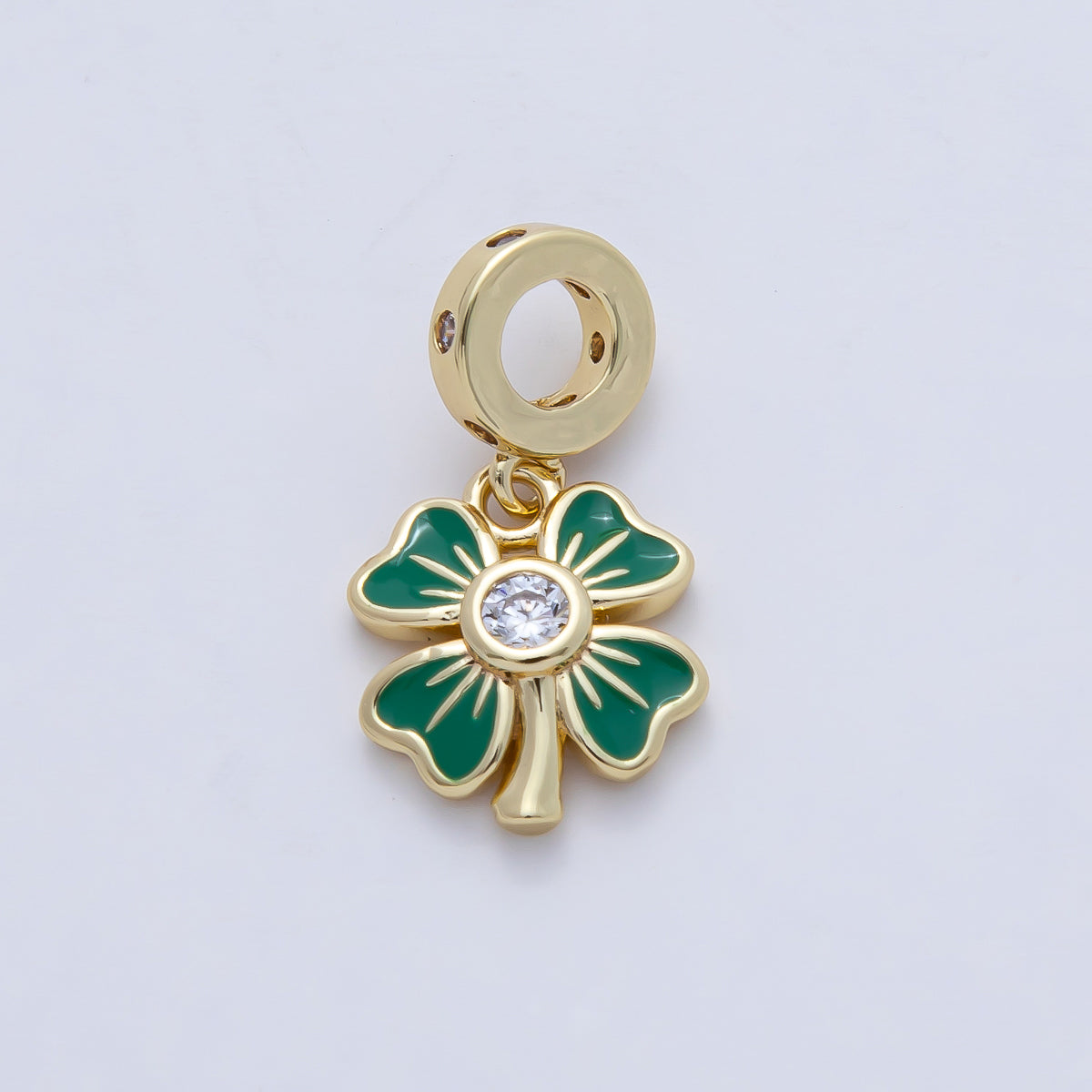 18K Gold Filled Clear CZ Green Enamel Clover Dotted Rondelle Drop Pendant | AF1475