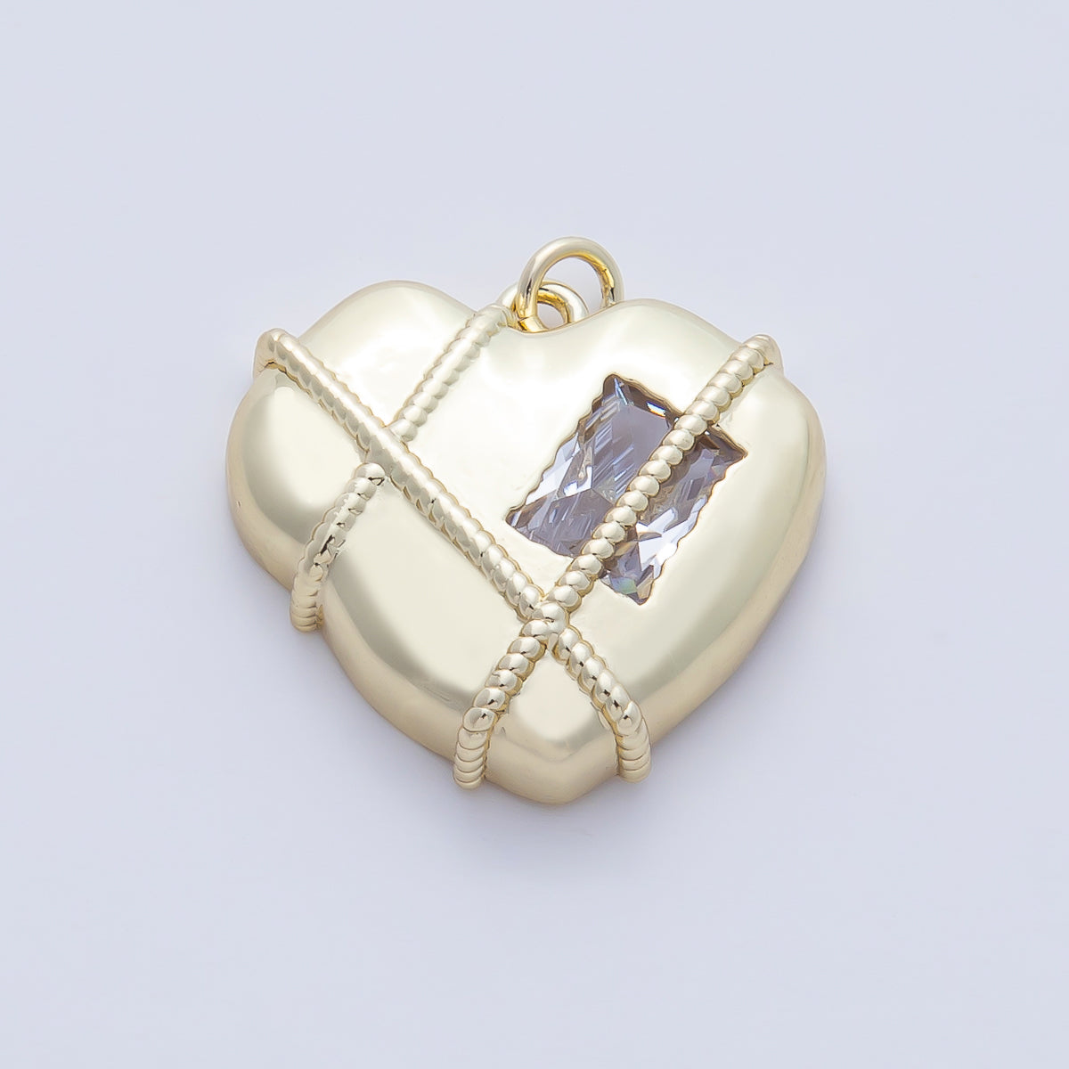 14K Gold Filled 20mm Clear Baguette CZ Rope Tied Chubby Heart Charm | AF1480