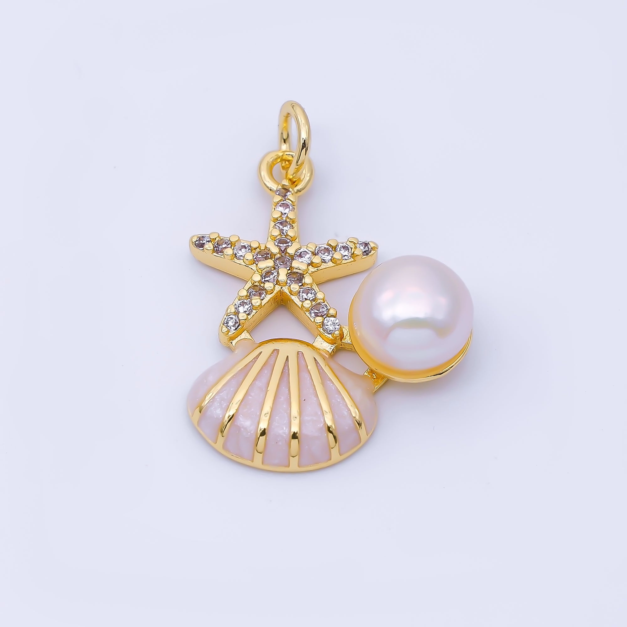 24K Gold Filled 23mm White, Pink, Blue Micro Paved CZ Shell Pearl Starfish Clam Seashell Charm | AF1588 AF1589