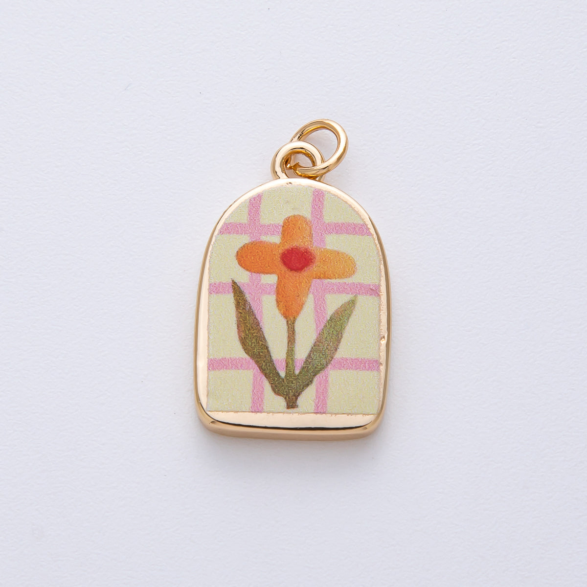 18K Gold Filled 23mm Orange Flower Green Pink Enamel Charm | AF1595