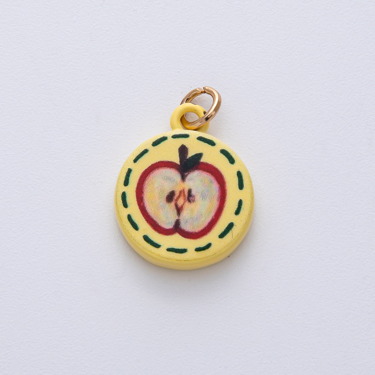 18K Gold Filled 18mm Apple Slice Fruit Yellow Enamel Round Charm | AF1616