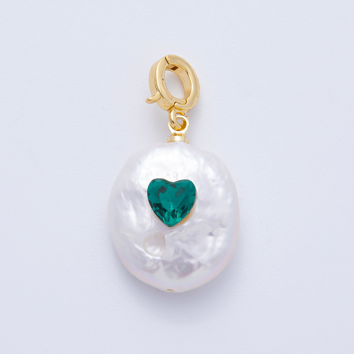 18K Gold Filled Green, Red Heart CZ Shell Pearl Snap Latch Pendant | AF640