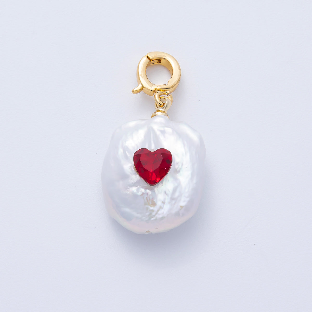 18K Gold Filled Green, Red Heart CZ Shell Pearl Snap Latch Pendant | AF640