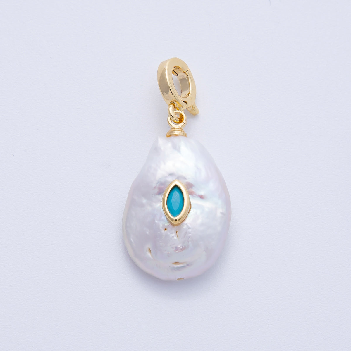 18K Gold Filled 24mm Turquoise, Green CZ Marquise Freshwater Pearl Snap Latch Pendant | AF641