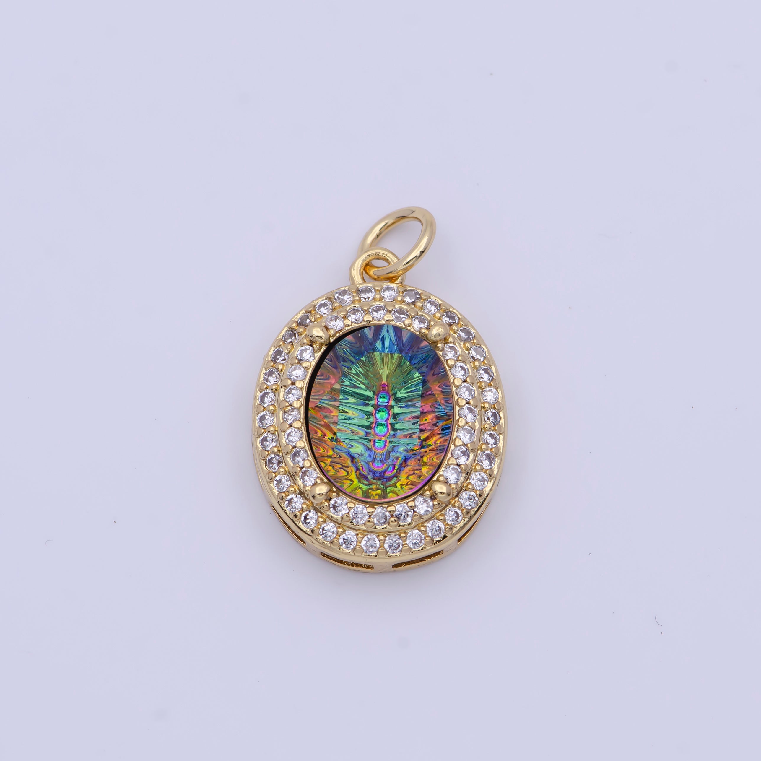 14K Gold Filled Multicolor, Purple, Yellow, Blue Iridescent Thermal CZ Micro Paved Oval Charm | AG070 - AG073