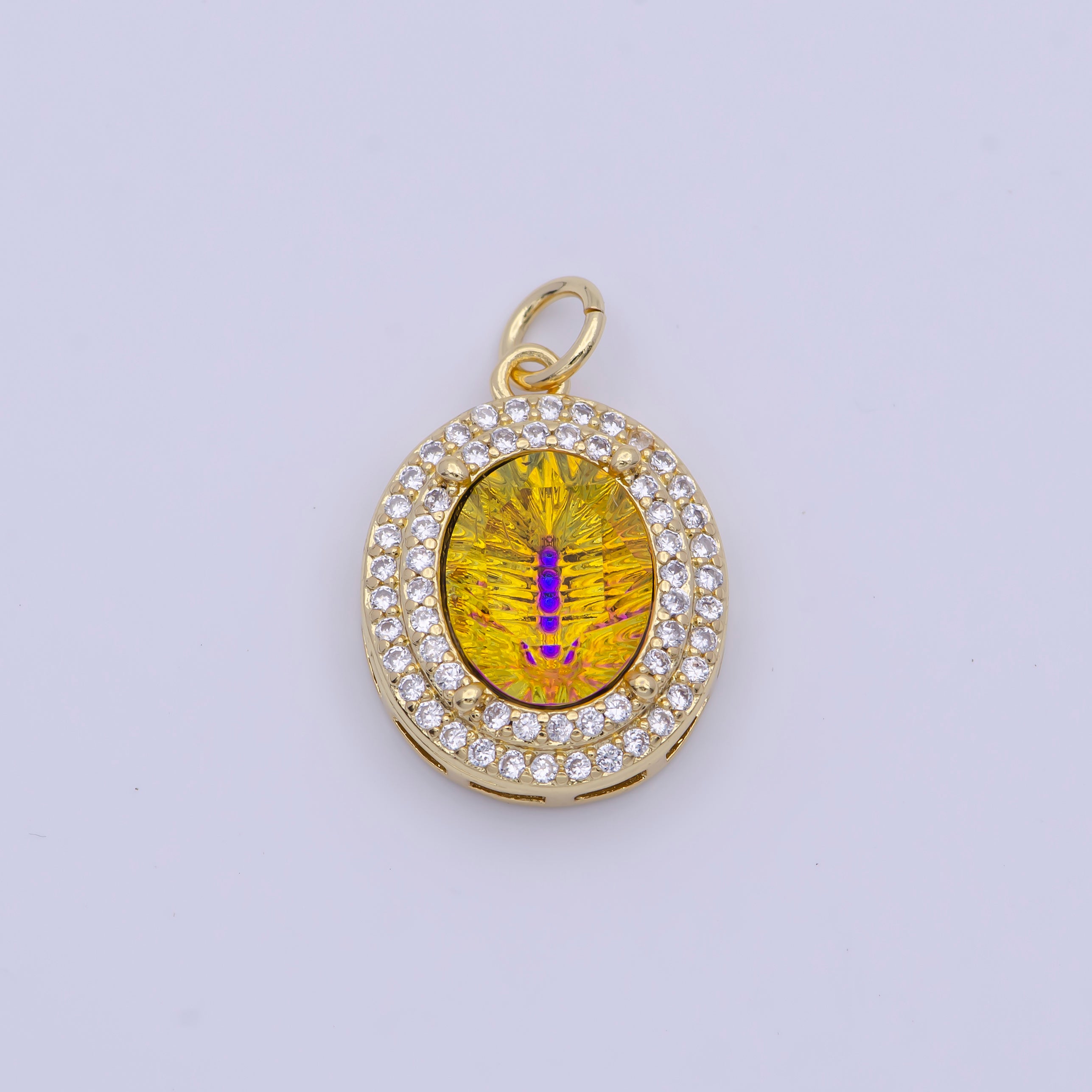 14K Gold Filled Multicolor, Purple, Yellow, Blue Iridescent Thermal CZ Micro Paved Oval Charm | AG070 - AG073