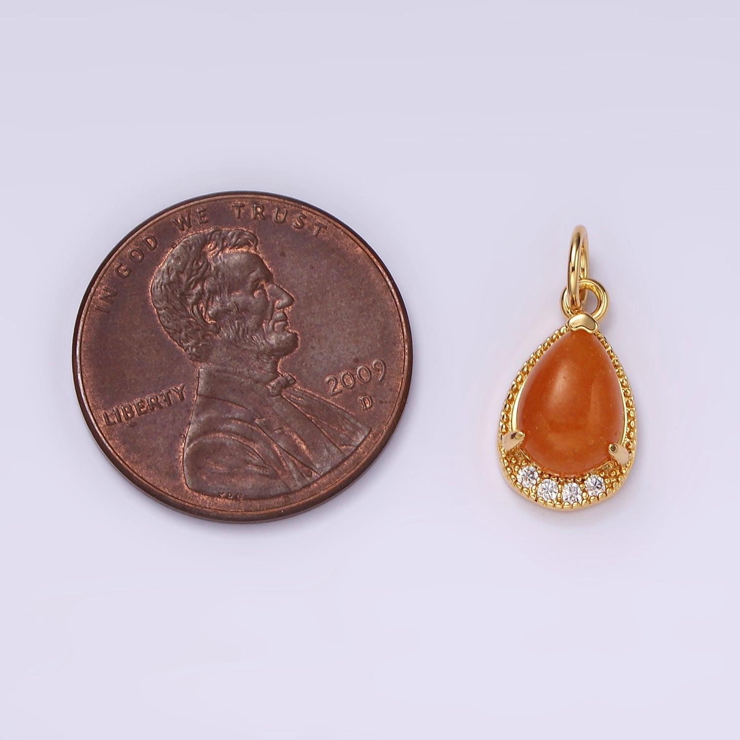 14K Gold Filled Carnelian, Citrine, Aventurine, Tiger Eye, Amethyst Micro Paved CZ Teardrop Charm | AG481 - AG485