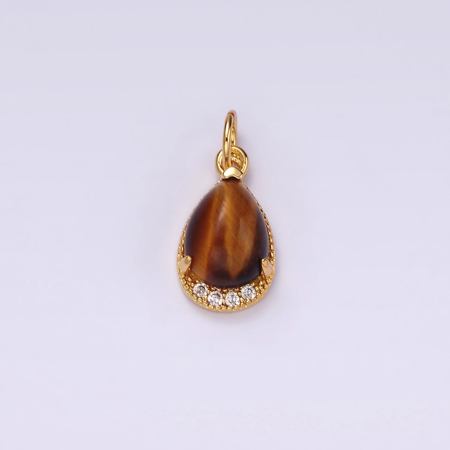 14K Gold Filled Carnelian, Citrine, Aventurine, Tiger Eye, Amethyst Micro Paved CZ Teardrop Charm | AG481 - AG485