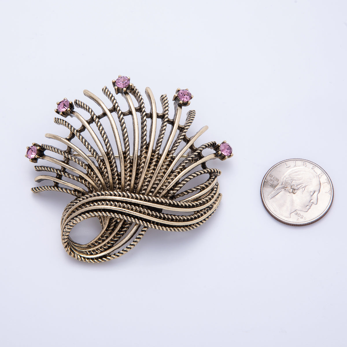 Vintage Gold 68mm x 67mm Pink Rhinestone Curved Geometric Pin Brooch | BH-079