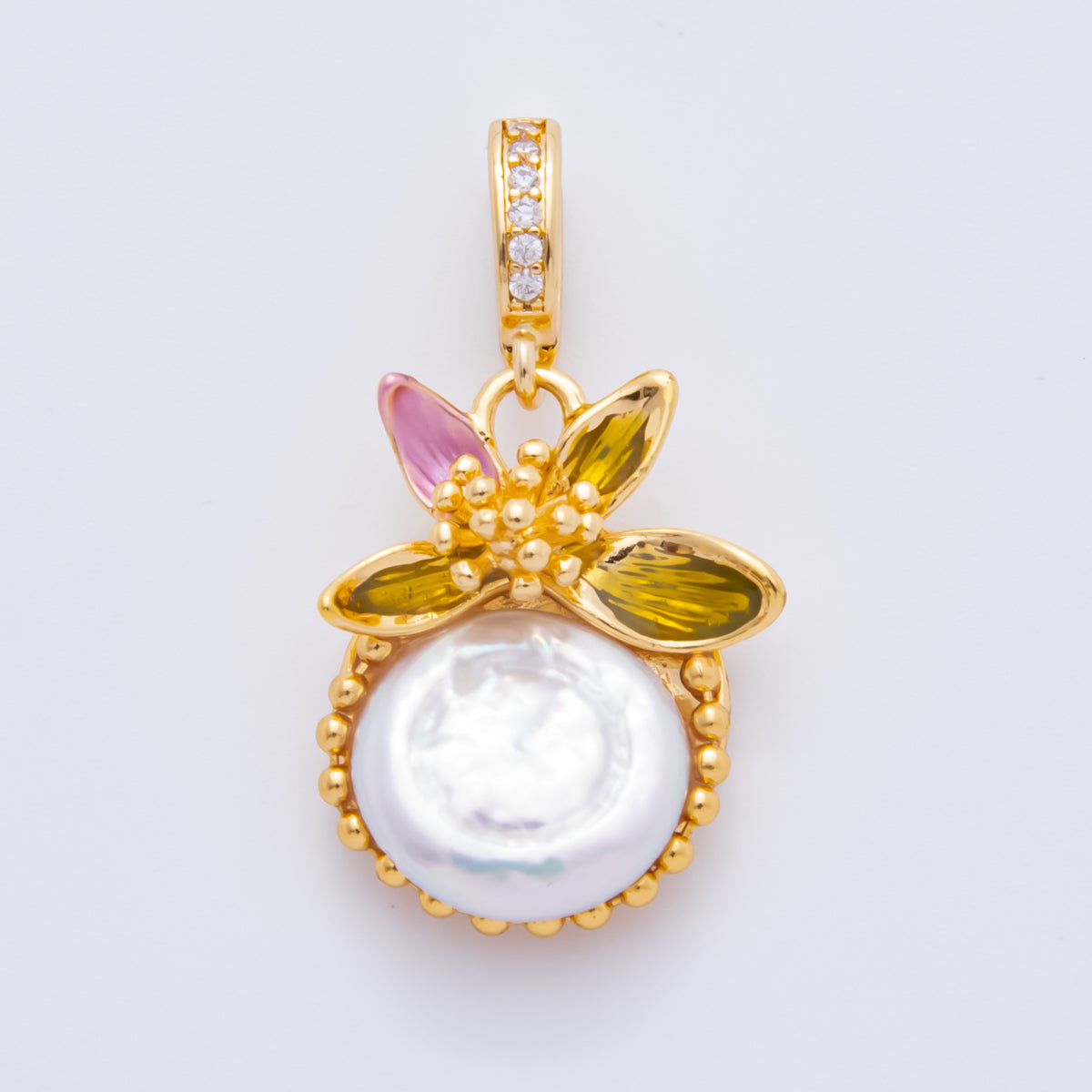 18K Gold Filled Multicolor CZ Freshwater Pearl Round Flower Pendant | AH00809