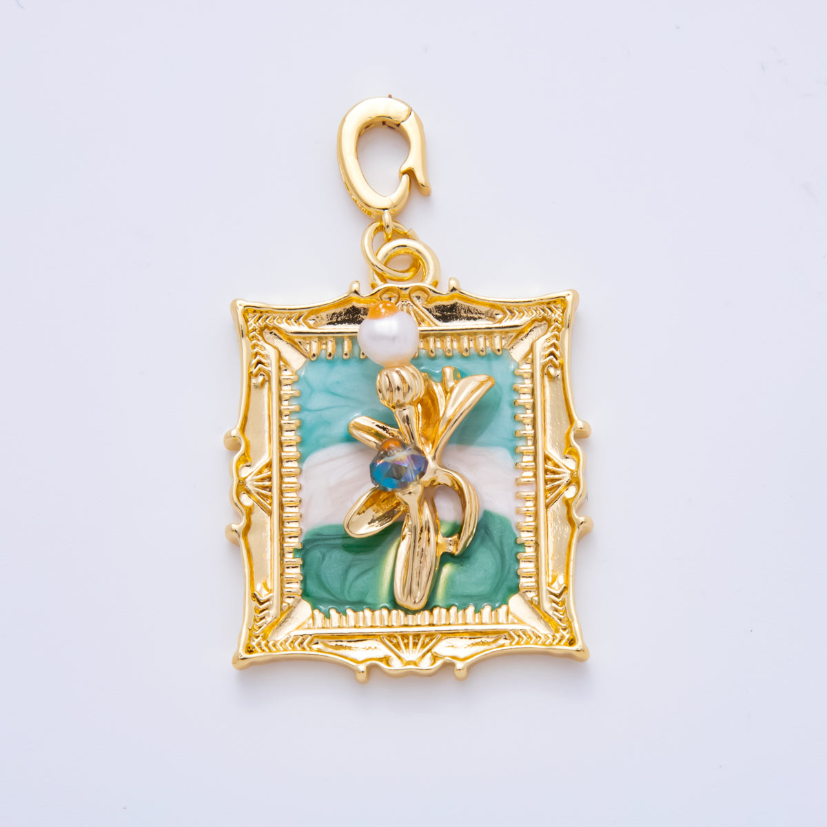 18K Gold Filled 45mm Shell Pearl Blue Enamel Flower Artisan Painting Snap Drop Bail Pendant | AH814