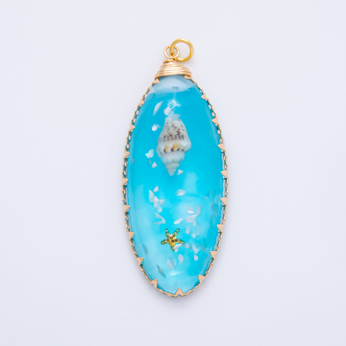 18K Gold Filled 55mm Blue Sea Conch Star Fish Resin Oval Charm | AH865