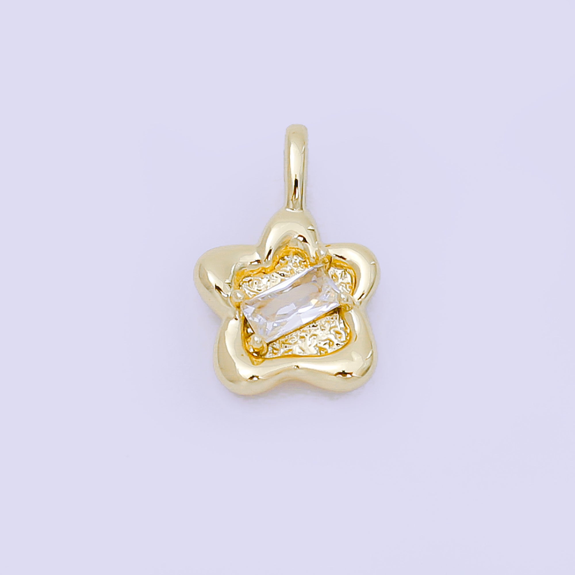 24K Gold Filled 15mm Clear CZ Baguette Stamped Flower Pendant in Gold & Silver | AH515