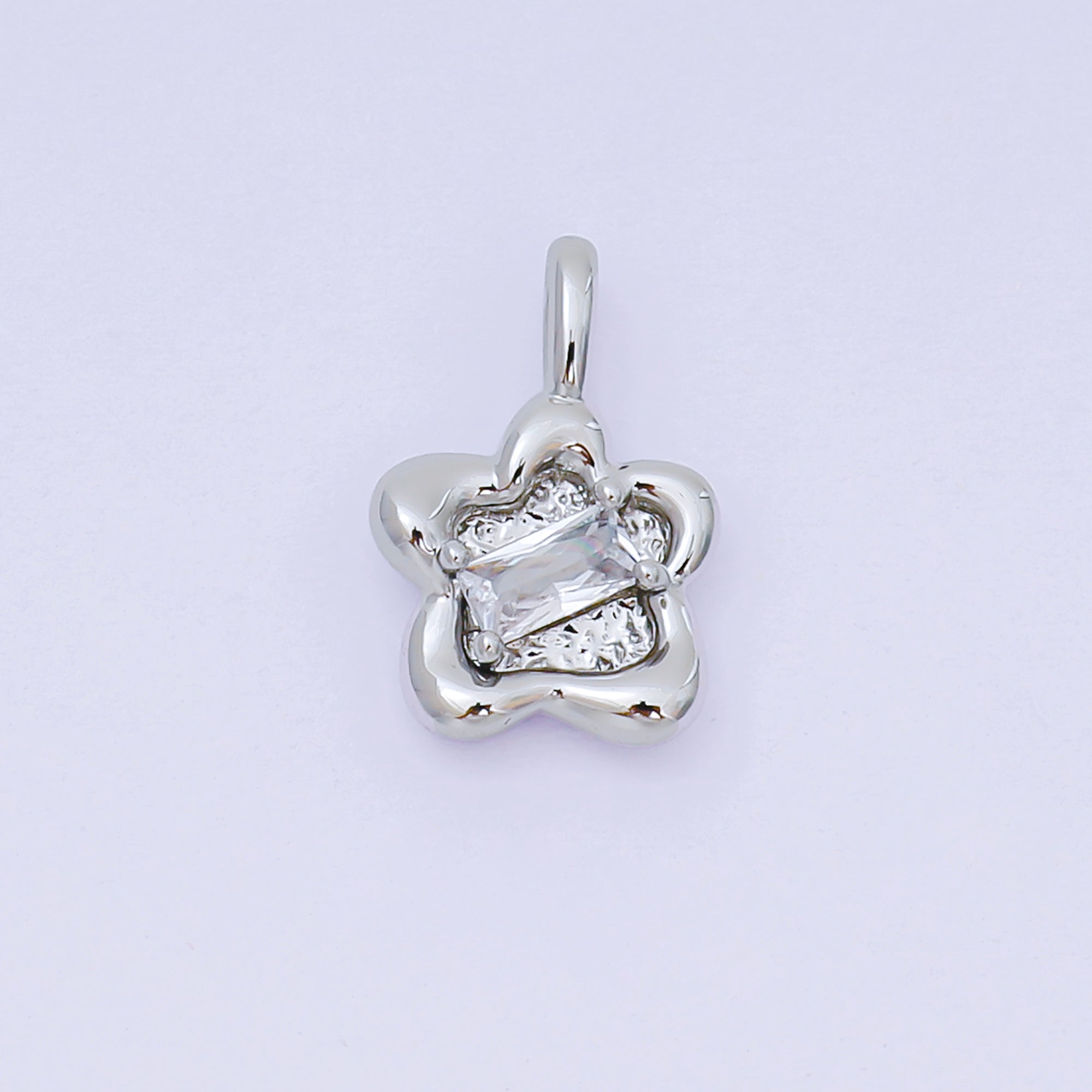 24K Gold Filled 15mm Clear CZ Baguette Stamped Flower Pendant in Gold & Silver | AH515
