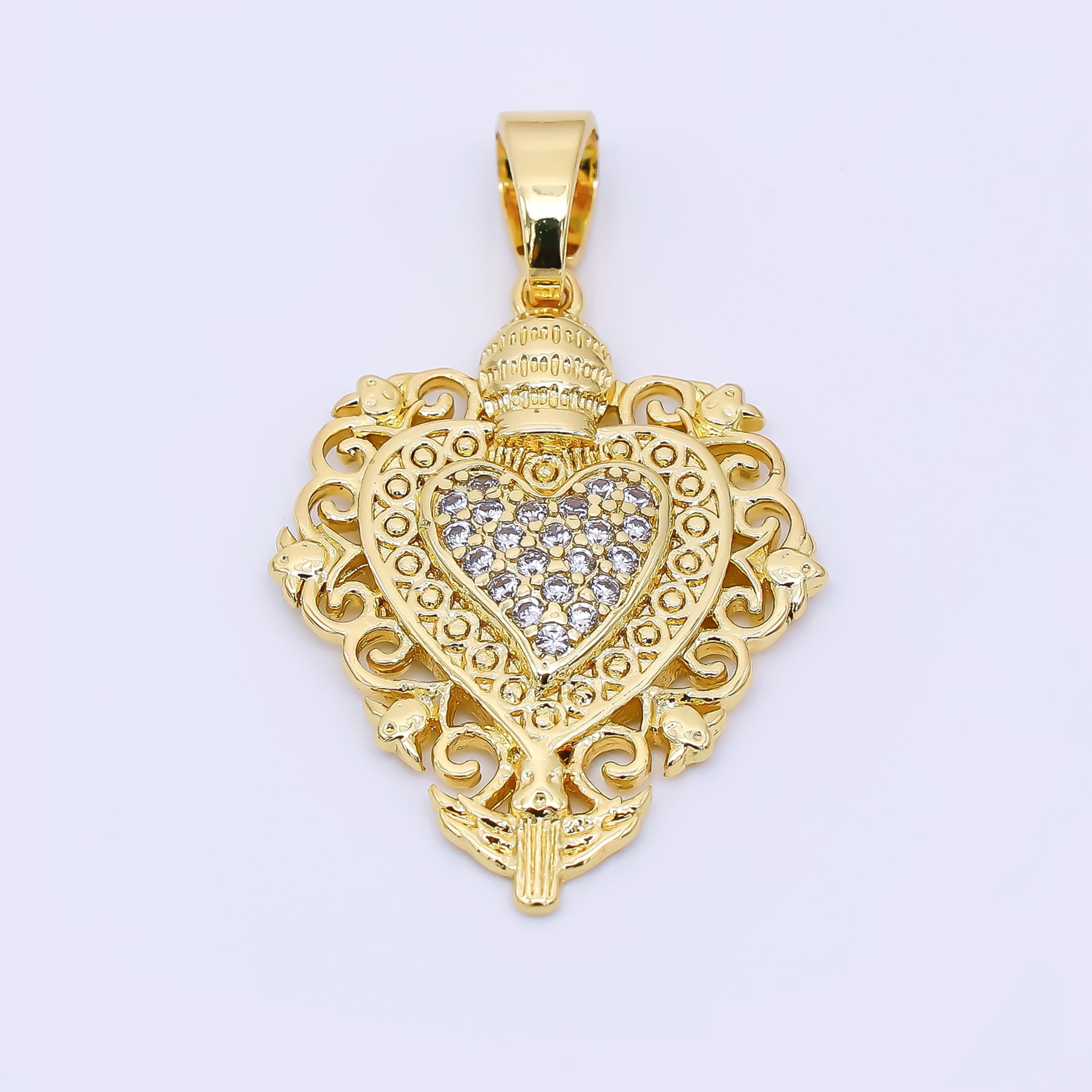 24K Gold Filled 26mm Micro Paved CZ Artisan Heart Pendant | AH542