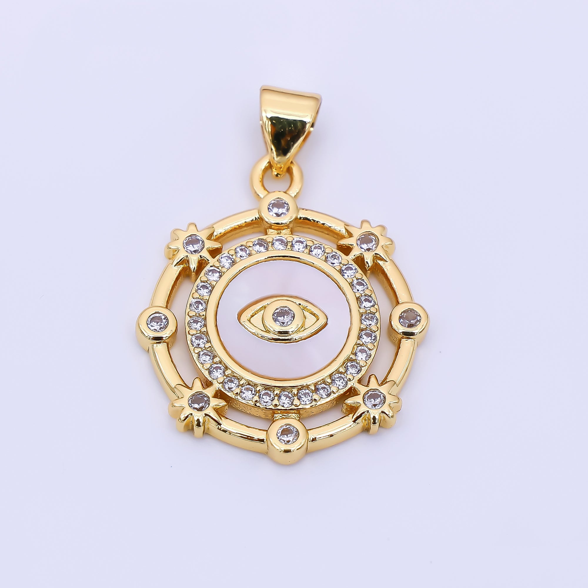 24K Gold Filled 22mm Micro Paved CZ Shell Pearl Evil Eye Round Bezel Pendant | AH543
