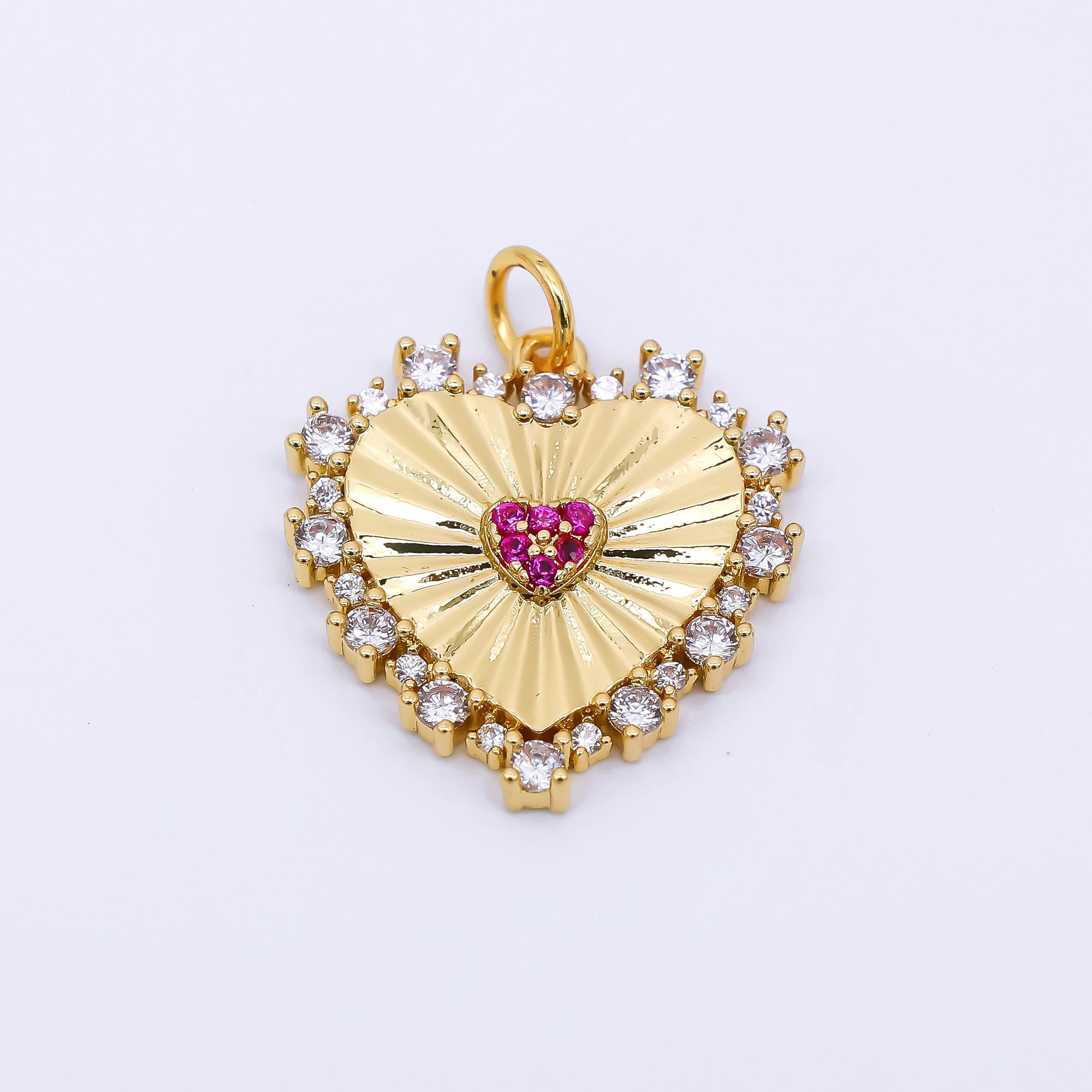 24K Gold Filled 20mm Clear, Pink Micro Paved CZ Sunburst Heart Charm | AH554