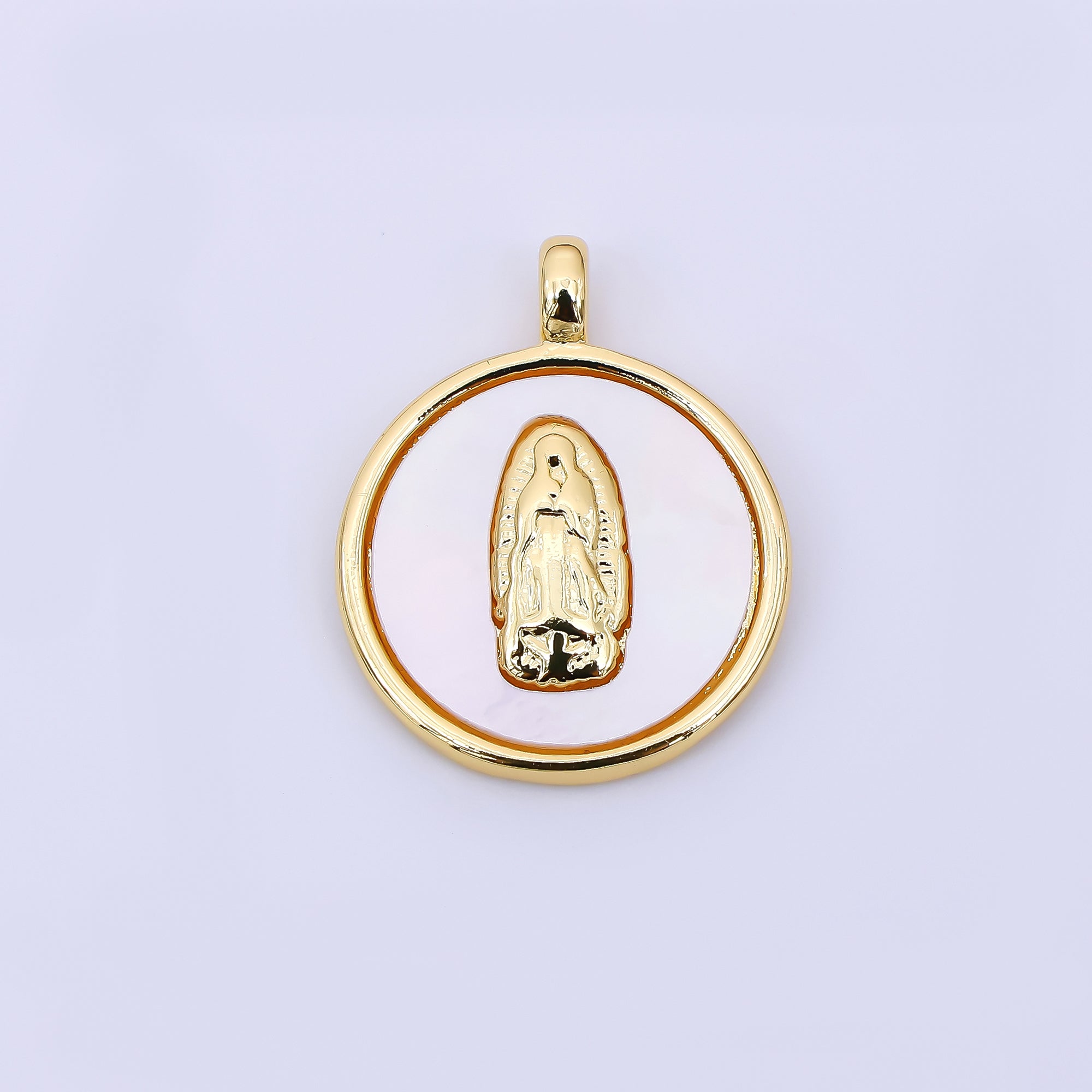 24K Gold Filled 20mm Mother Mary Shell Pearl Round Religious Charm | AH567