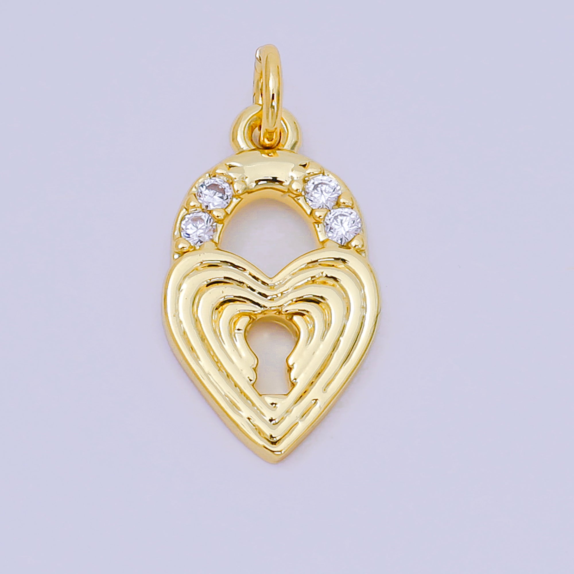 24K Gold Filled 18mm Micro Paved CZ Ribbed Heart Padlock Charm | AH641