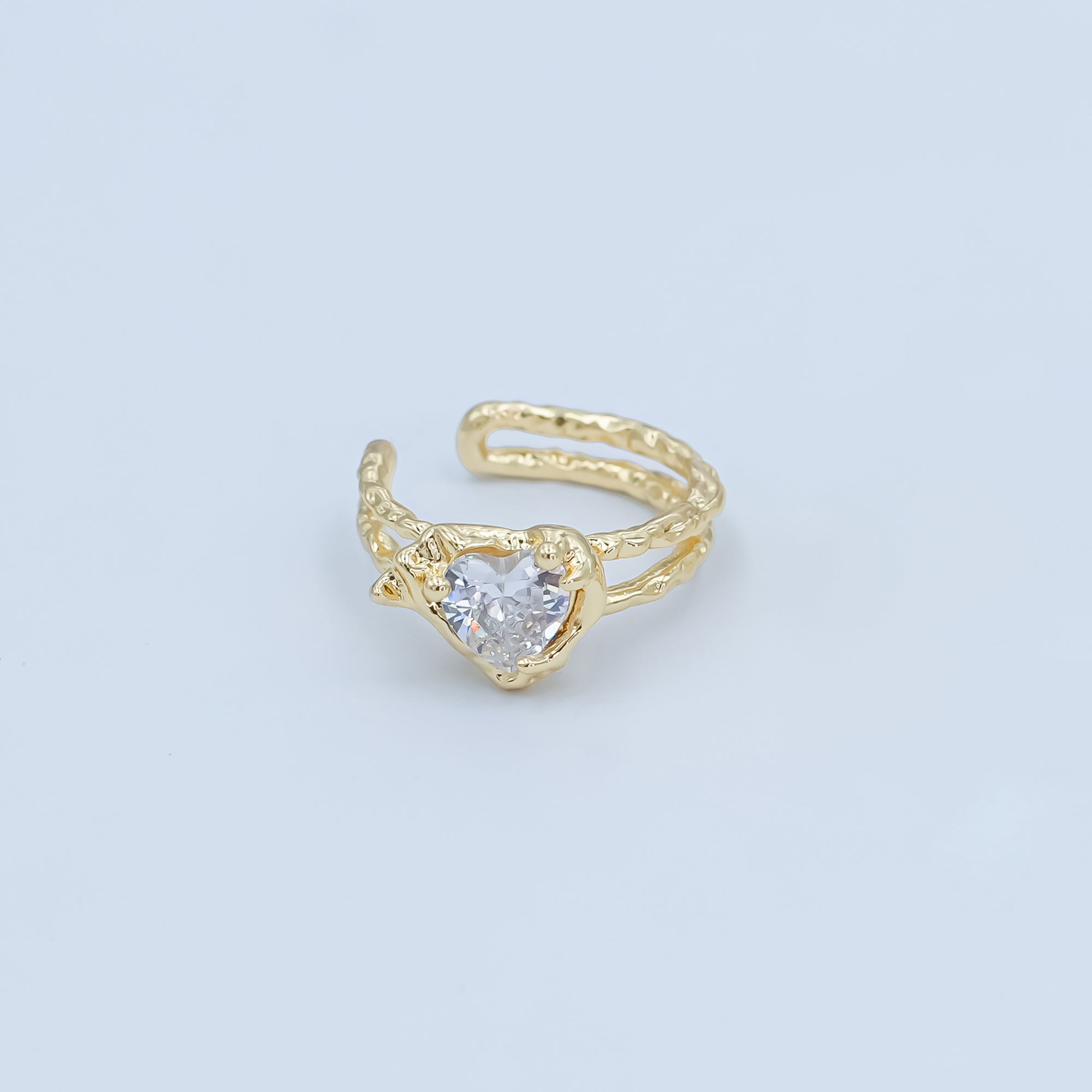 24K Gold Filled Clear CZ Heart Molten Hammered Ear Cuff Earrings | AI052