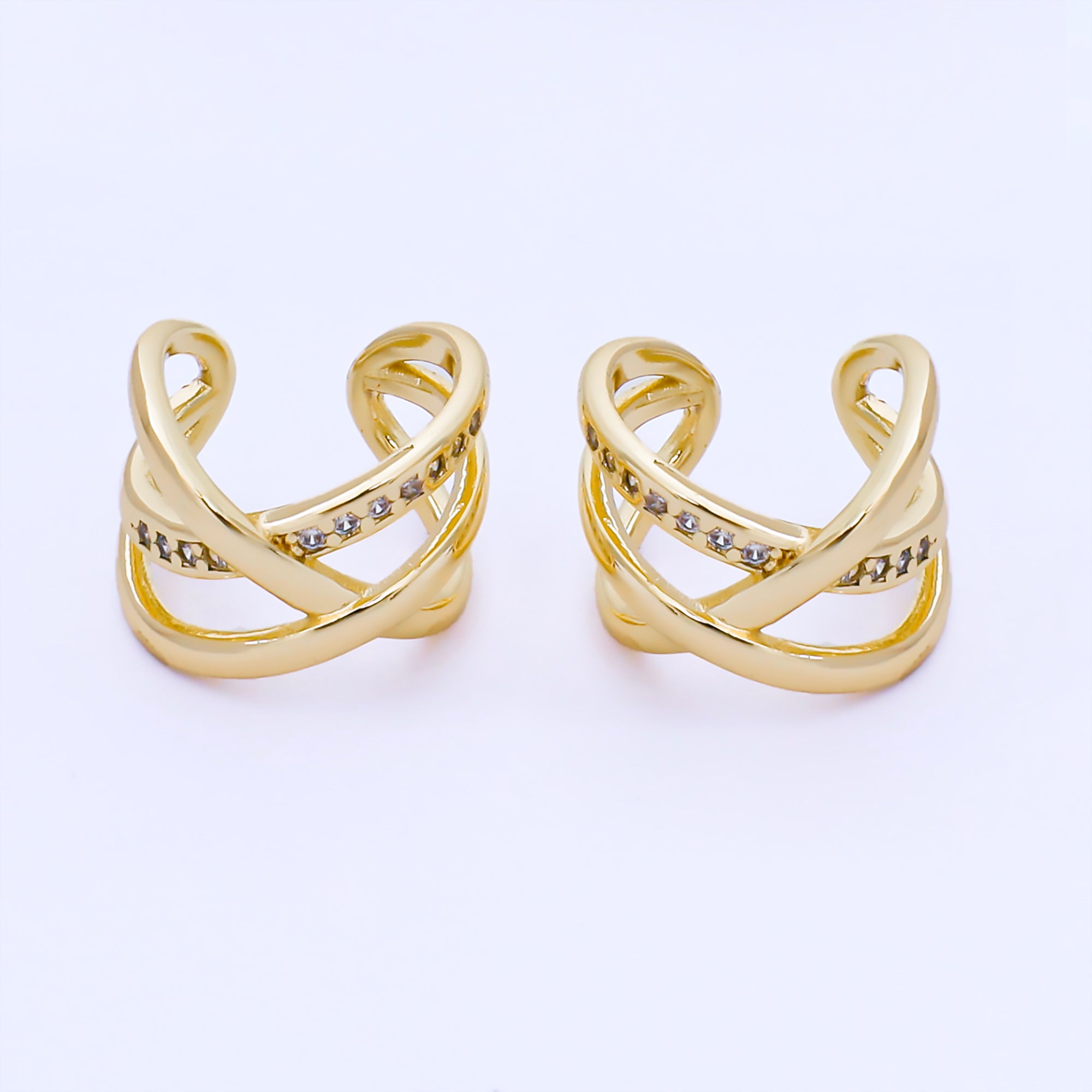 24K Gold Filled 14mm Micro Paved CZ Crossed Multiple Band Ear Cuff Earrings | AI186