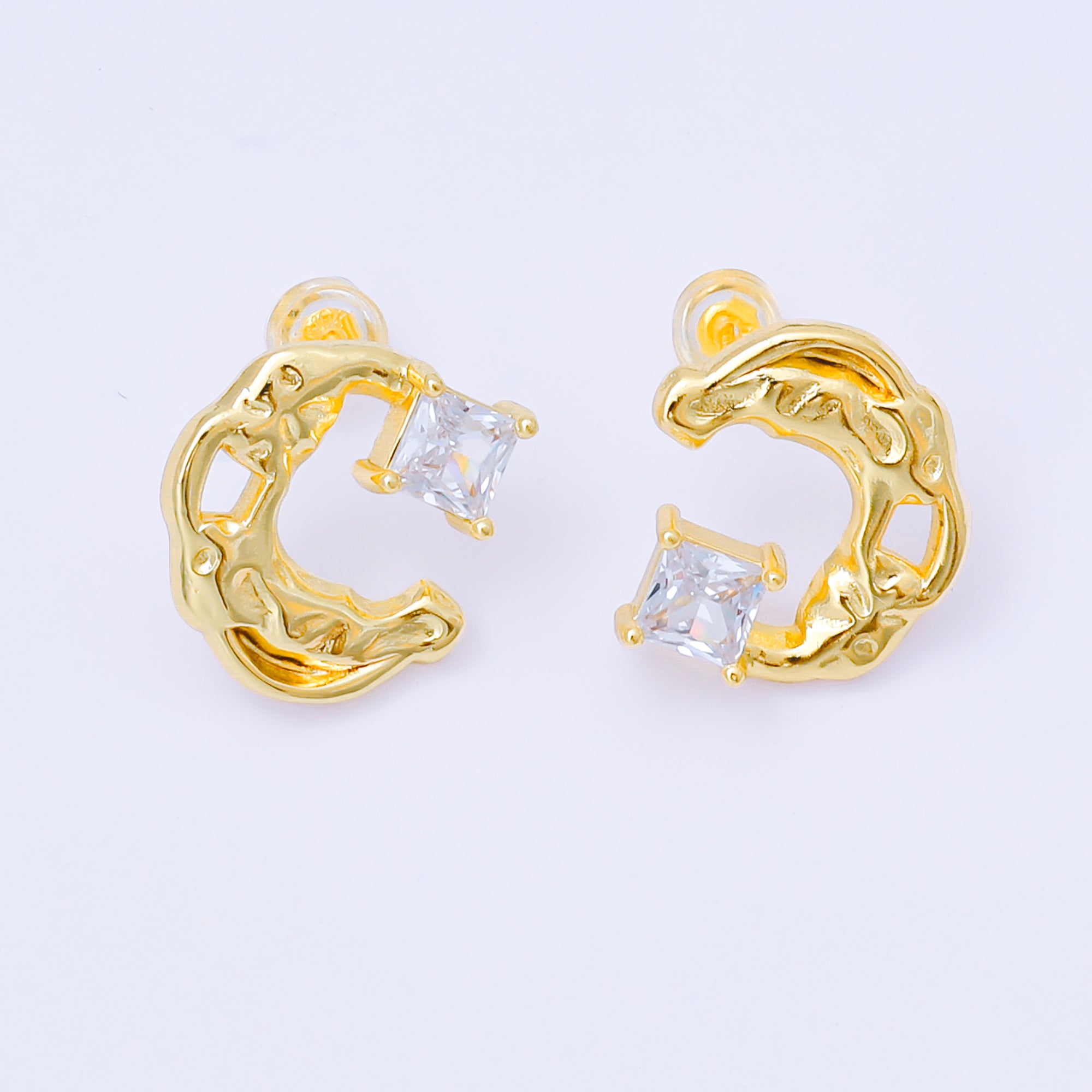 24K Gold Filled Baguette CZ Molten Crescent Moon Stud Earrings | AI445