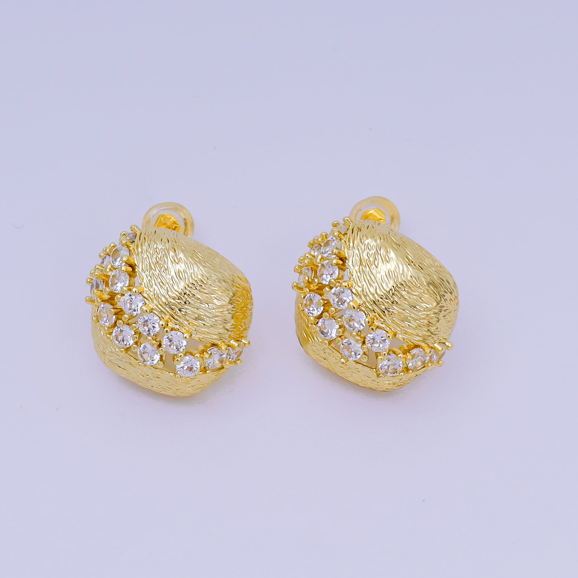 24K Gold Filled 17mm Clear CZ Cluster Textured Rhombus Stud Earrings | AI459