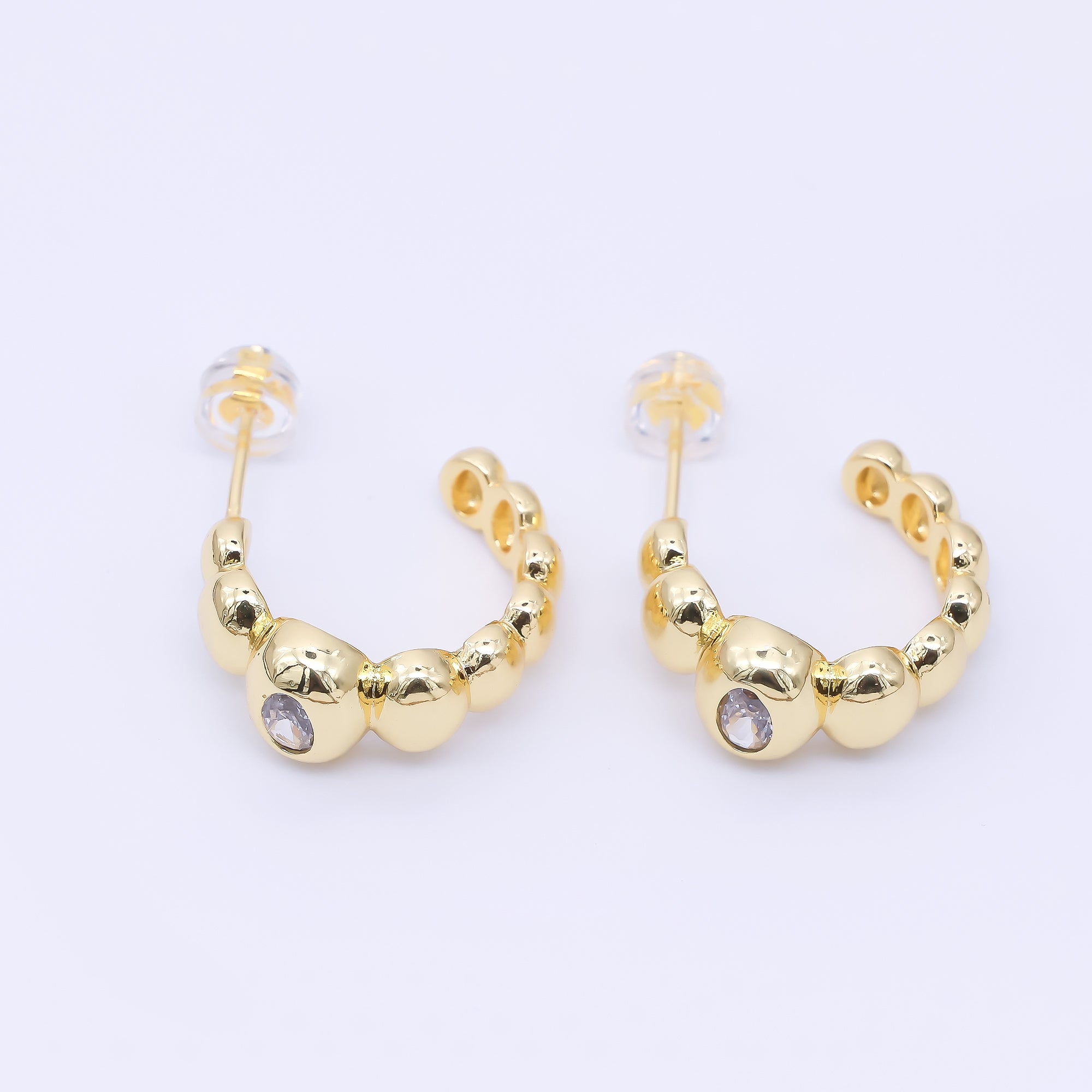 24K Gold Filled 18mm CZ Beaded Bubble C-Shaped Hoop Earrings | AI469