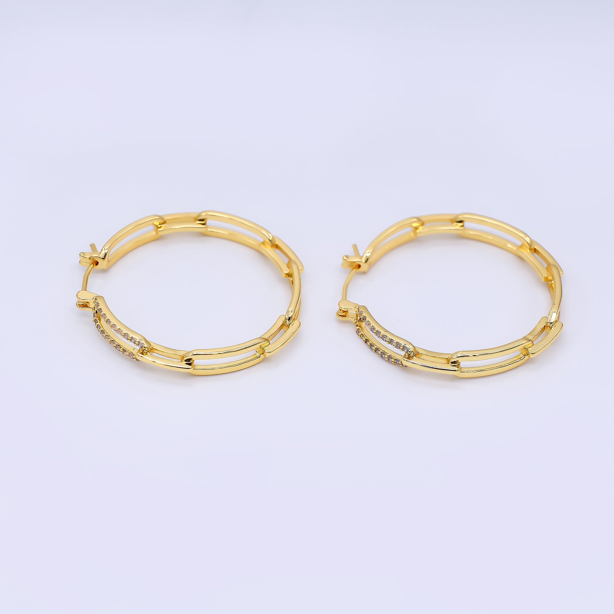 24K Gold Filled 34mm Micro Paved CZ Paperclip Link Latch Hoop Earrings | AI478