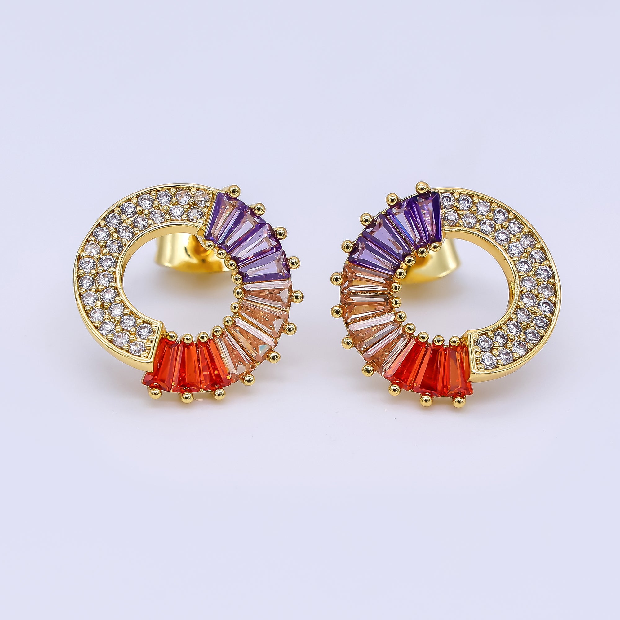 24K Gold Filled 16mm Multicolor Baguette Micro Paved CZ Circle Round Stud Earrings | AI479