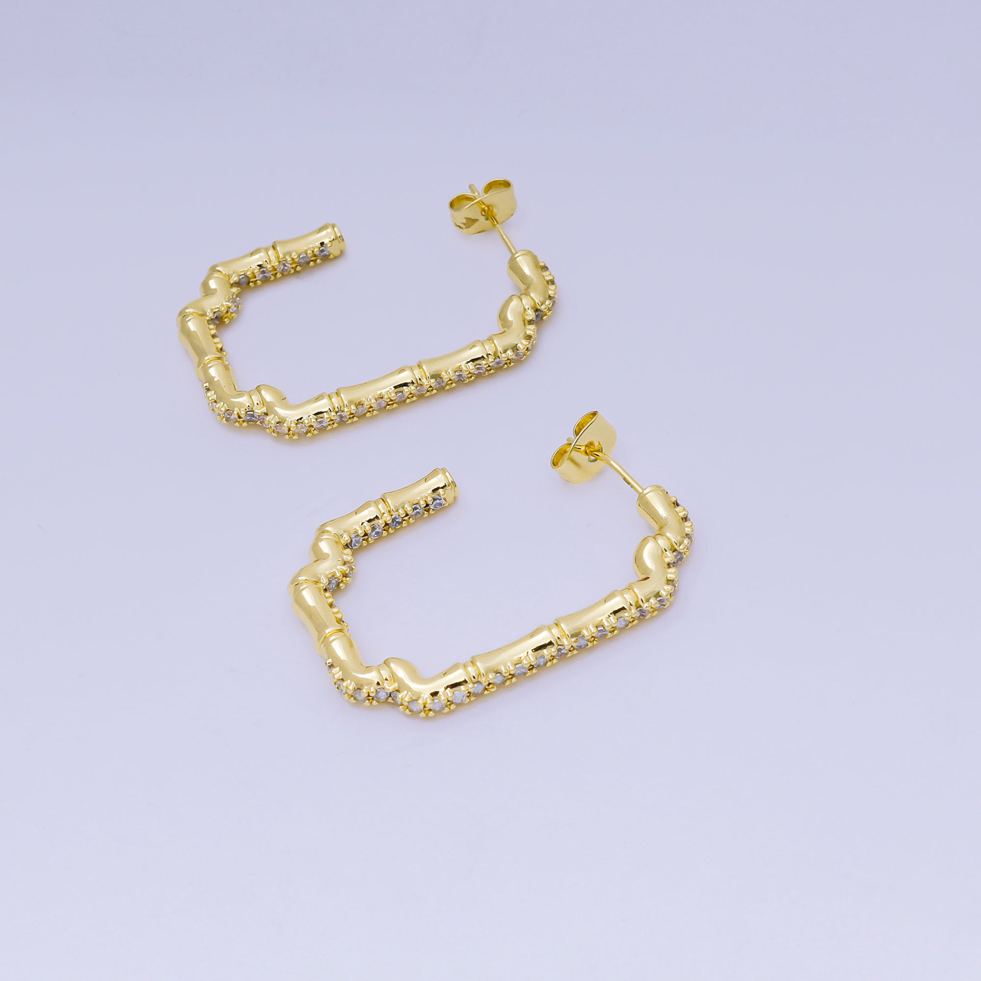 24K Gold Filled 35mm Micro Paved CZ Bamboo Geometric J-Shaped Hoop Earrings | AI505