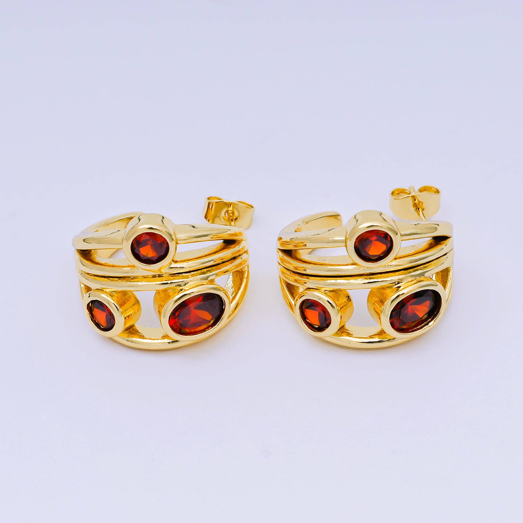 24K Gold Filled 25mm Red Round CZ Multiband C-Shaped Hoop Earrings | AI507